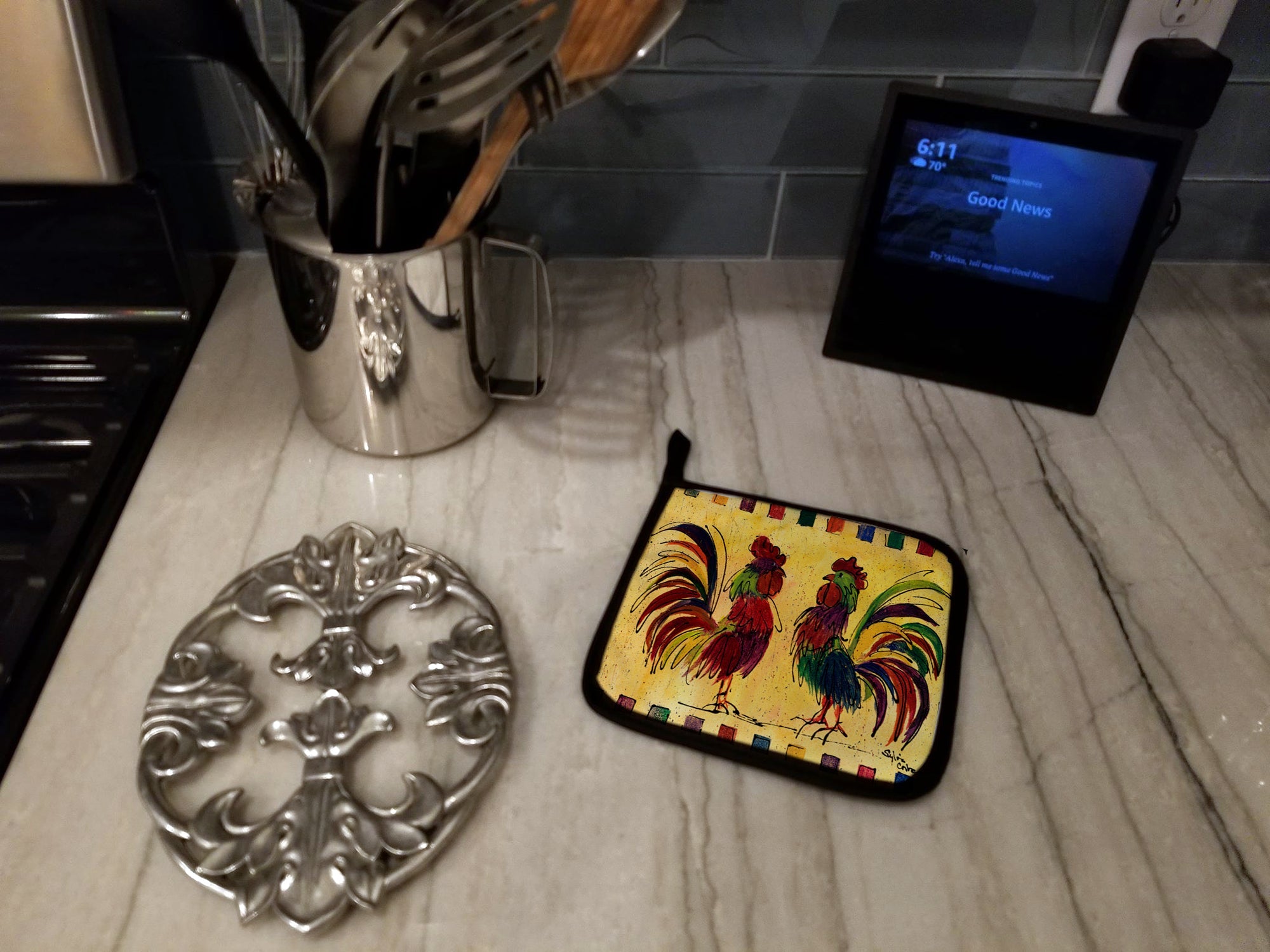 Bird - Rooster Pot Holder Set of 2 Heat Resistant Quilted Hot Pads 7.5 x 7.5 Inch, Insulated Kitchen Trivets for Cooking & Baking