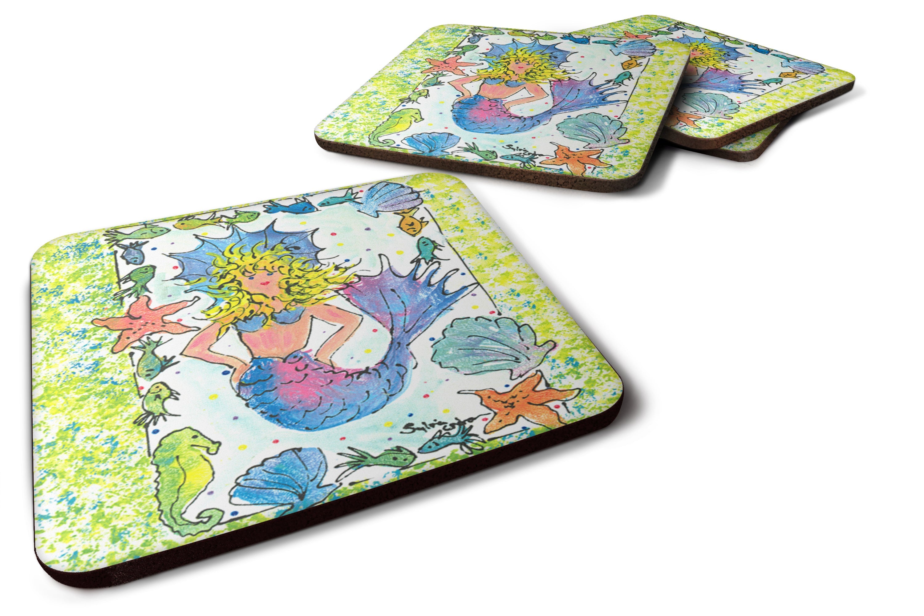Blonde Funky Mermaid Foam Coasters Set of 4 Cup Coasters for Indoor Outdoor, Tabletop Protection, Anti Slip, Mouse pad Material