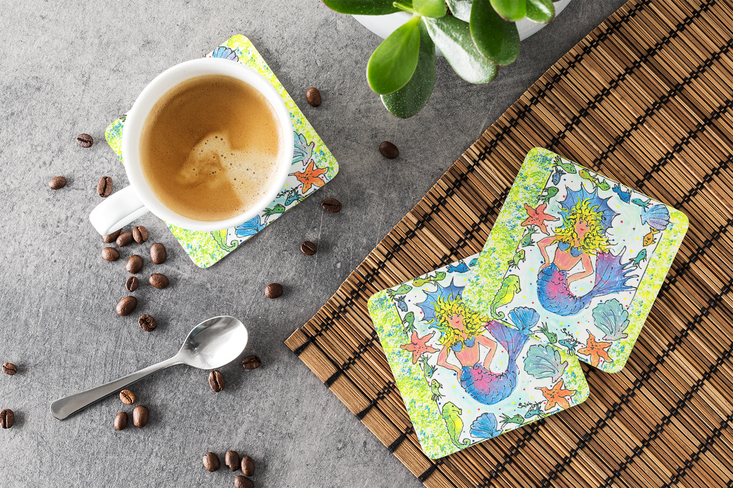Blonde Funky Mermaid Foam Coasters Set of 4 Cup Coasters for Indoor Outdoor, Tabletop Protection, Anti Slip, Mouse pad Material