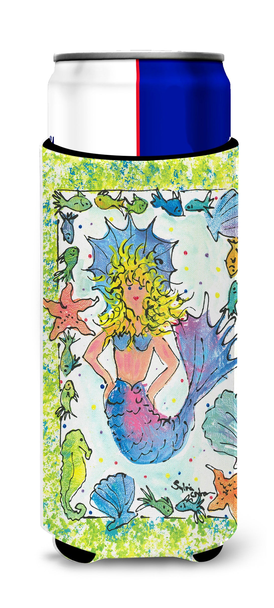 Blonde Funky Mermaid Slim Can Hugger , Insulated Foam Hugger for 12 oz Slim Cans, Beer Bottles & Water Bottles, Printed in USA