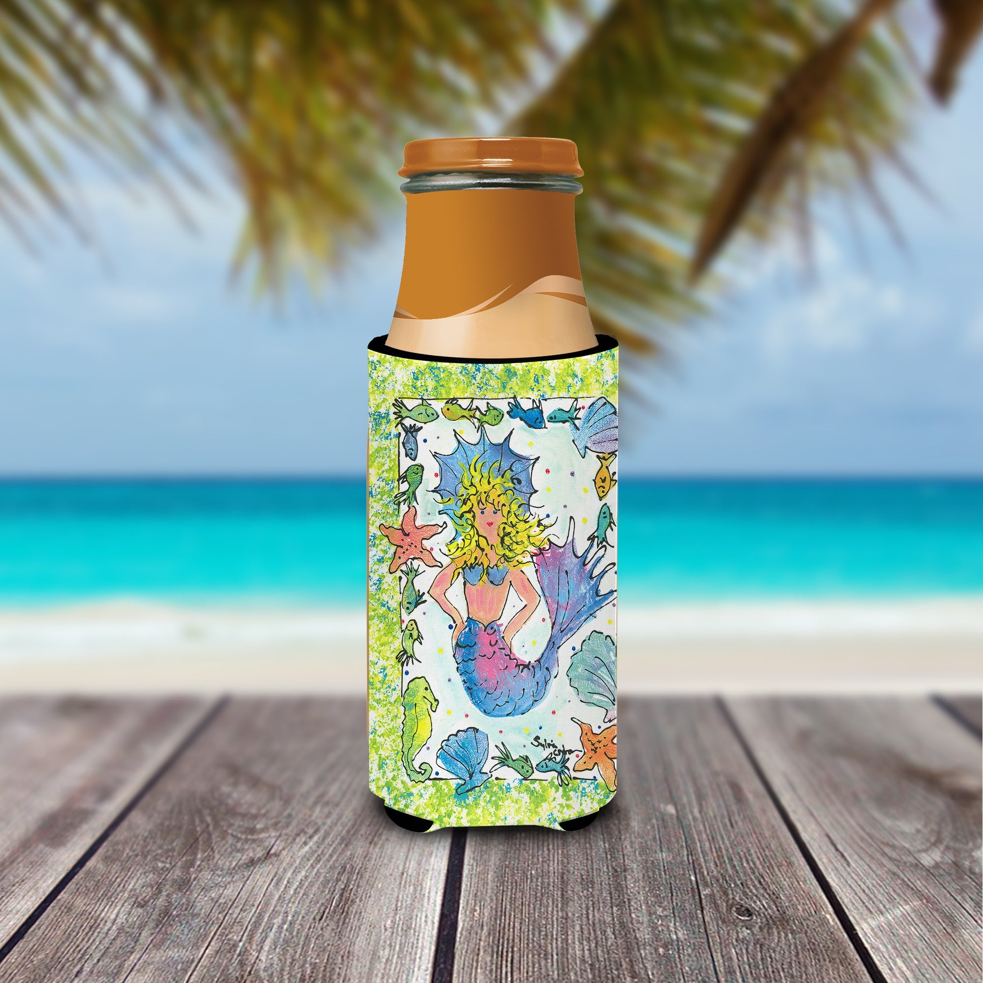 Blonde Funky Mermaid Slim Can Hugger , Insulated Foam Hugger for 12 oz Slim Cans, Beer Bottles & Water Bottles, Printed in USA