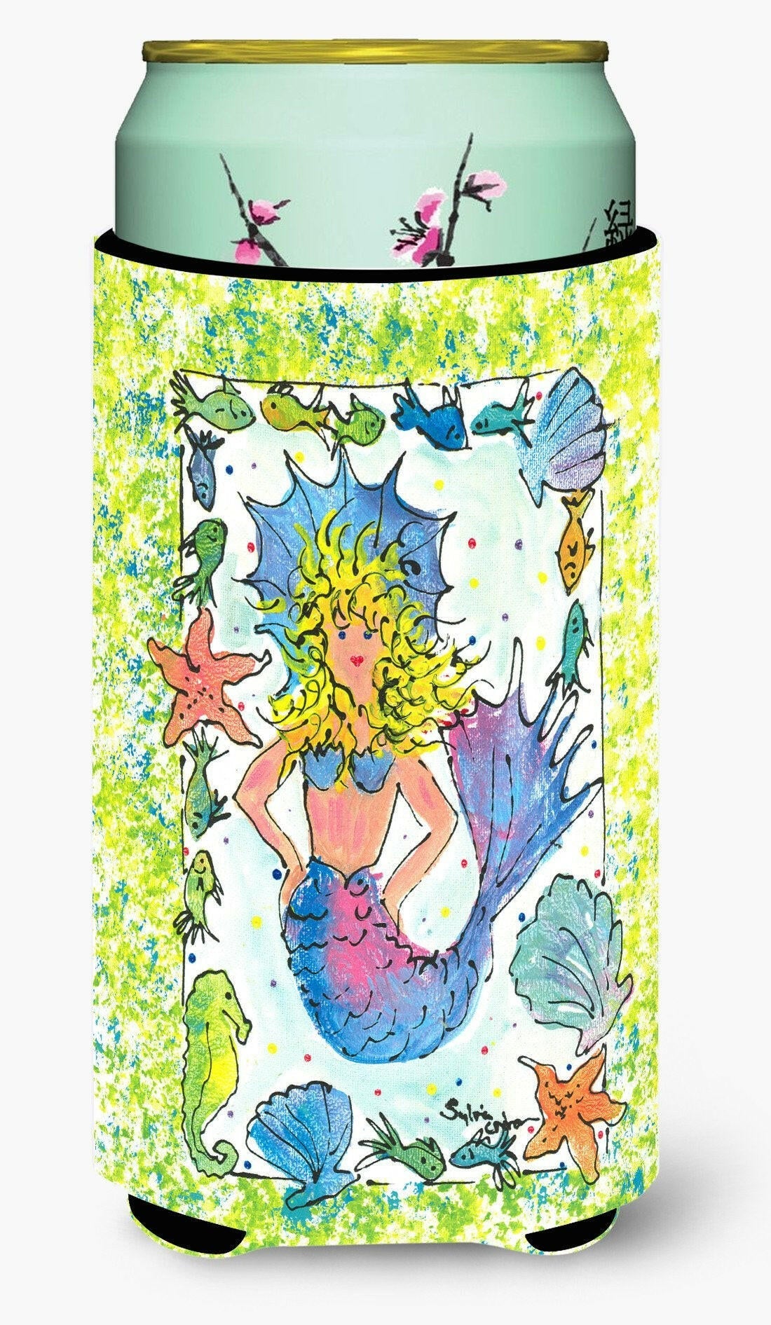 Blonde Funky Mermaid Tall Boy Hugger Can Cooler Sleeve Machine Washable Drink Collapsible Insulator Beverage Insulated Holder