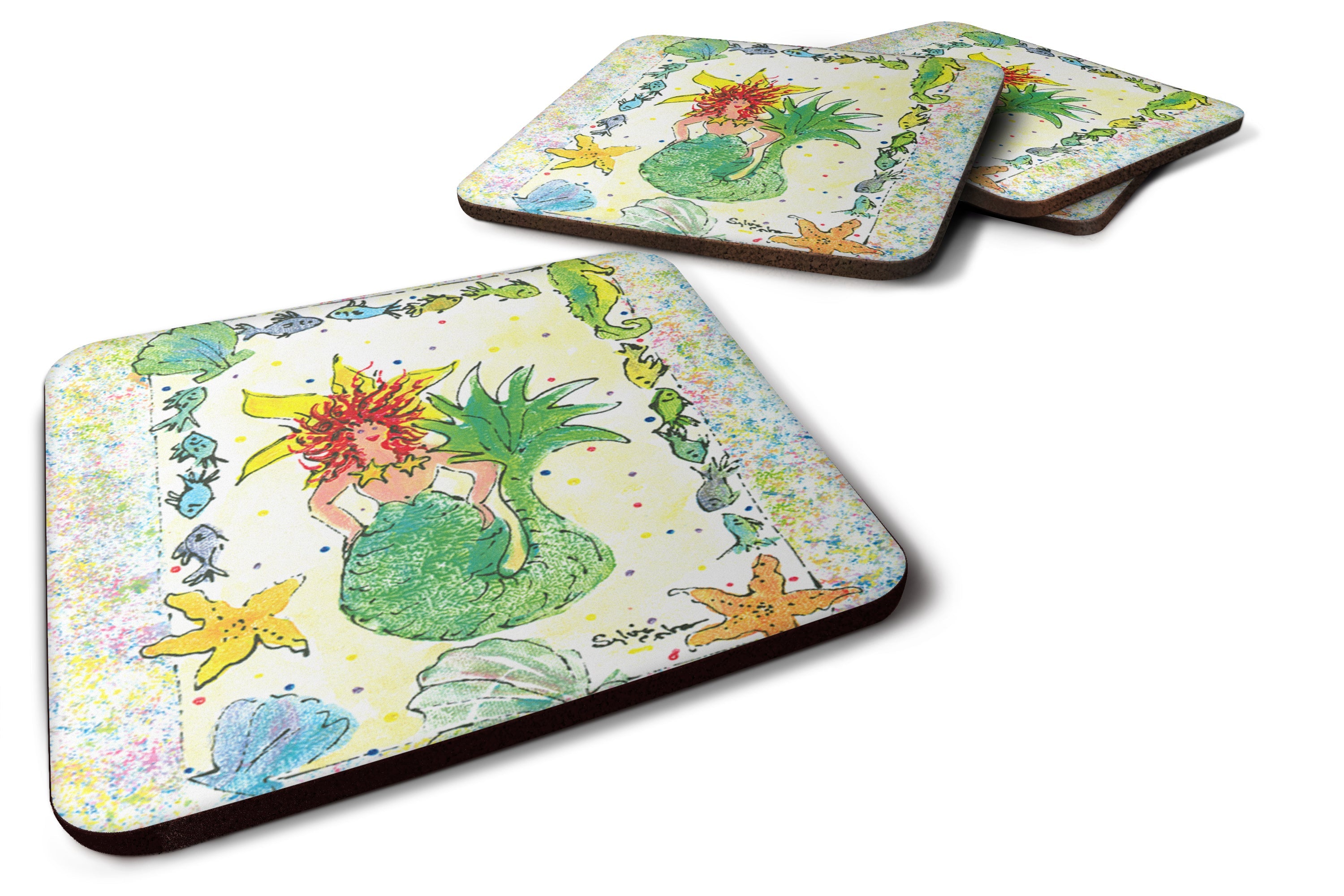 Red Headed Funky Mermaid Foam Coasters Set of 4 Cup Coasters for Indoor Outdoor, Tabletop Protection, Anti Slip, Mouse pad Material