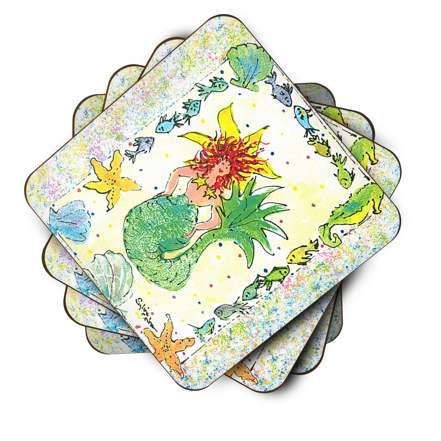 Red Headed Funky Mermaid Foam Coasters Set of 4 Cup Coasters for Indoor Outdoor, Tabletop Protection, Anti Slip, Mouse pad Material