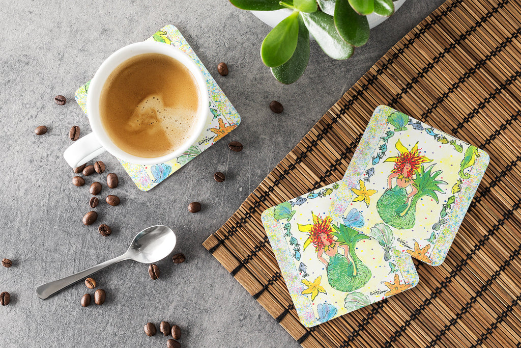 Red Headed Funky Mermaid Foam Coasters Set of 4 Cup Coasters for Indoor Outdoor, Tabletop Protection, Anti Slip, Mouse pad Material