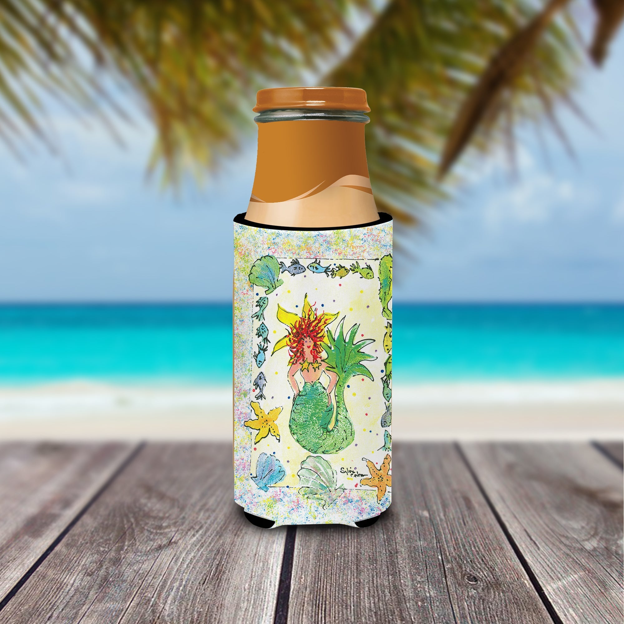 Red Headed Funky Mermaid Slim Can Hugger , Insulated Foam Hugger for 12 oz Slim Cans, Beer Bottles & Water Bottles, Printed in USA