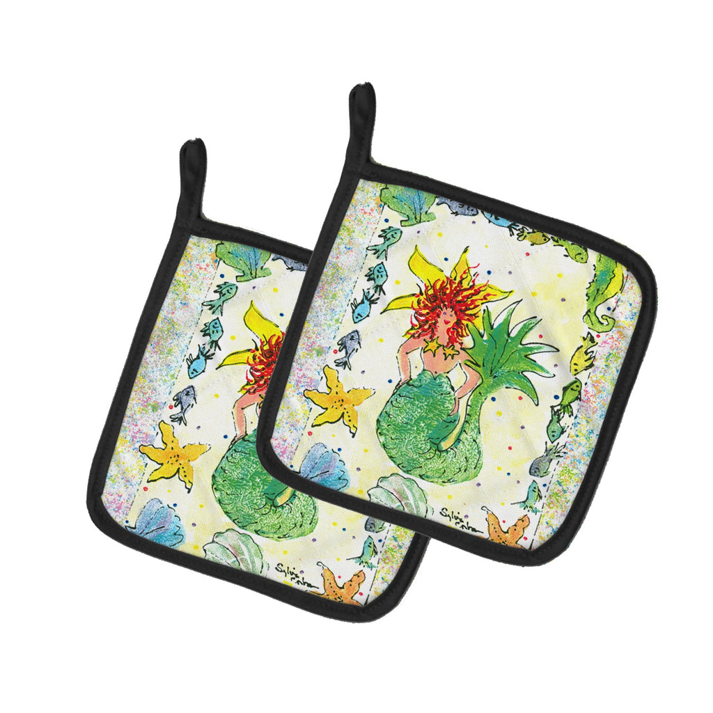 Red Headed Funky Mermaid Pot Holder Set of 2 Heat Resistant Quilted Hot Pads 7.5 x 7.5 Inch, Insulated Kitchen Trivets for Cooking & Baking