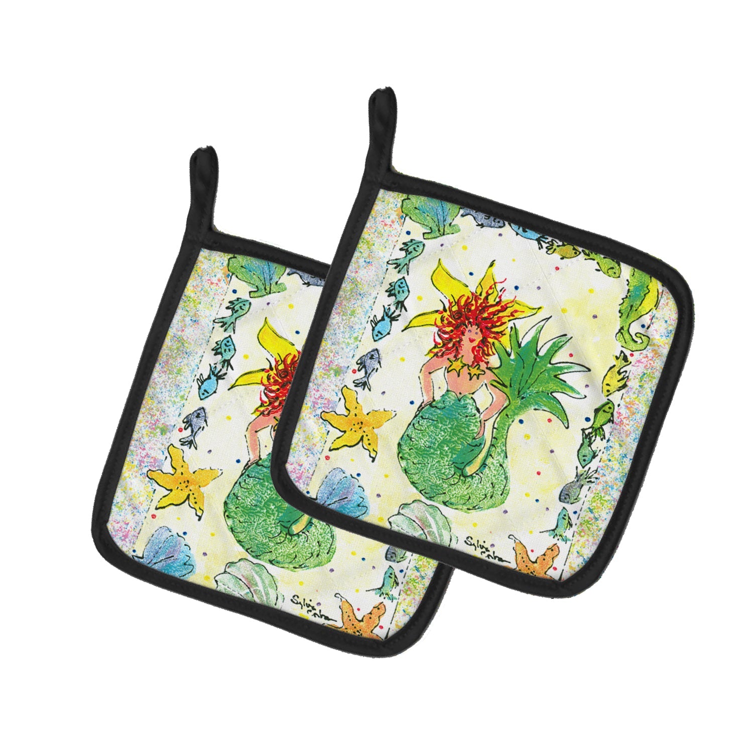 Red Headed Funky Mermaid Pot Holder Set of 2 Heat Resistant Quilted Hot Pads 7.5 x 7.5 Inch, Insulated Kitchen Trivets for Cooking & Baking