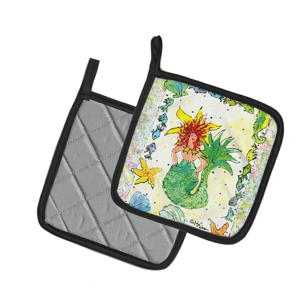Red Headed Funky Mermaid Pot Holder Set of 2 Heat Resistant Quilted Hot Pads 7.5 x 7.5 Inch, Insulated Kitchen Trivets for Cooking & Baking