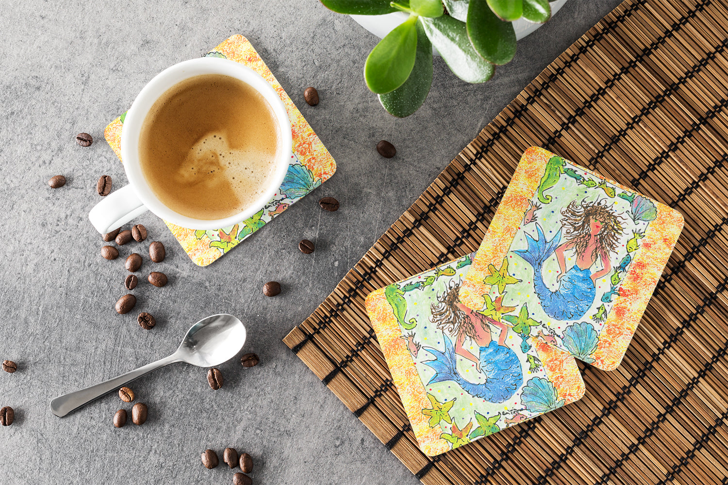 Mermaid Foam Coasters Set of 4 Cup Coasters for Indoor Outdoor, Tabletop Protection, Anti Slip, Mouse pad Material