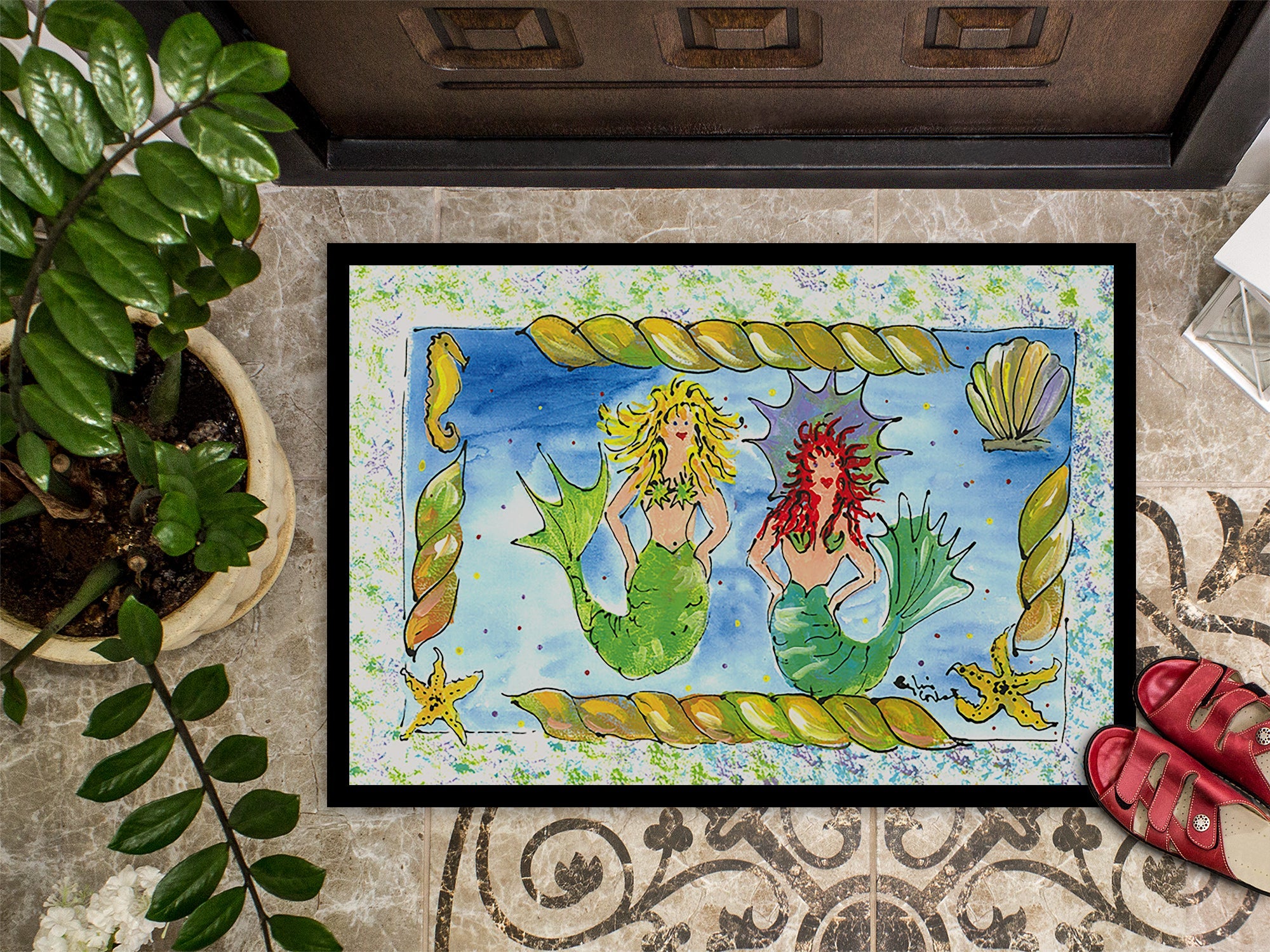 Mermaids Blonde and Red Head Doormat Indoor Outdoor 24H X 36W Front Door Mat Rugs for Entryway, Non Slip Washable Low Pile,