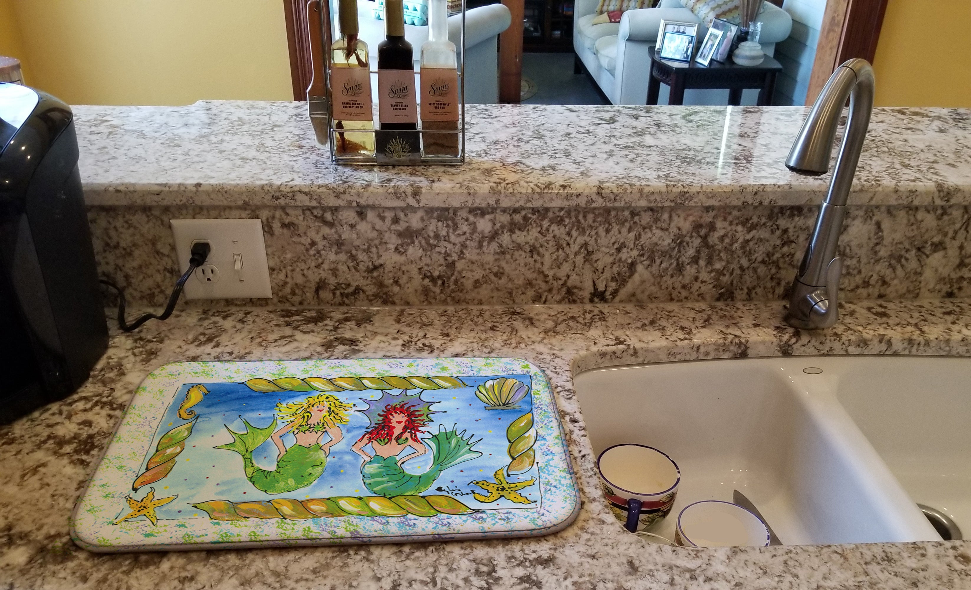 Mermaids Blonde and Red Head Dish Drying Mat Absorbent Dish Drying Mat Pad for Kitchen Counter Dish Drainer Mat for Countertop, 14 x 21", Multicolor