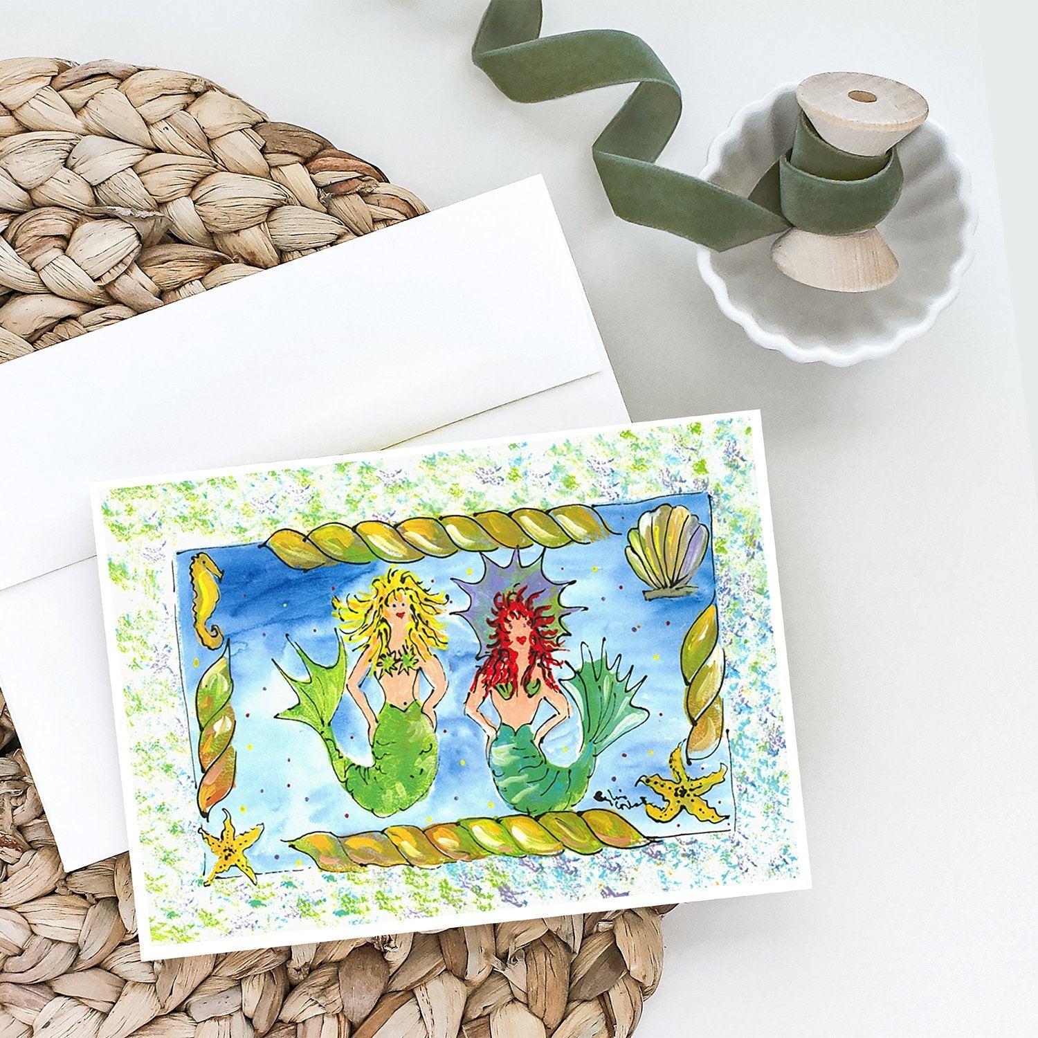 Mermaids Blonde and Red Head Greeting Cards Pack of 8 Blank Cards with Envelopes Whimsical A7 Size 5x7
