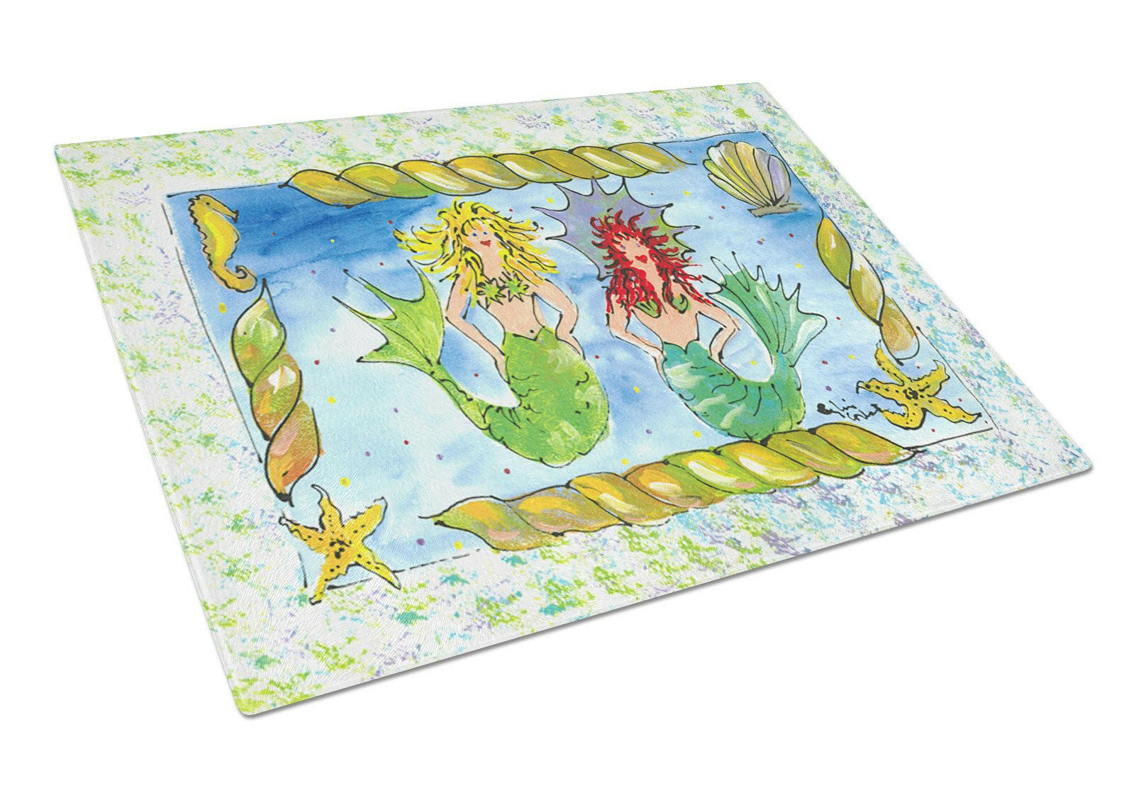 Mermaids Blonde and Red Head Cutting Board Tempered Glass Kitchen Cutting Surface, Heat Resistant Chopping, Non-Slip Feet, Food Prep & Serving