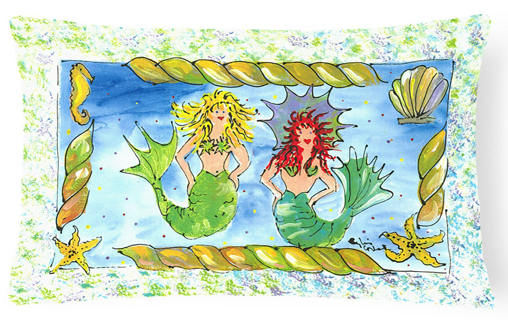 Mermaids Blonde and Red Head Decorative Throw Pillow 12x16 Indoor Outdoor Accent Cushion, Fabric Cover with Insert for Sofa, Bed, Porch & Living Room