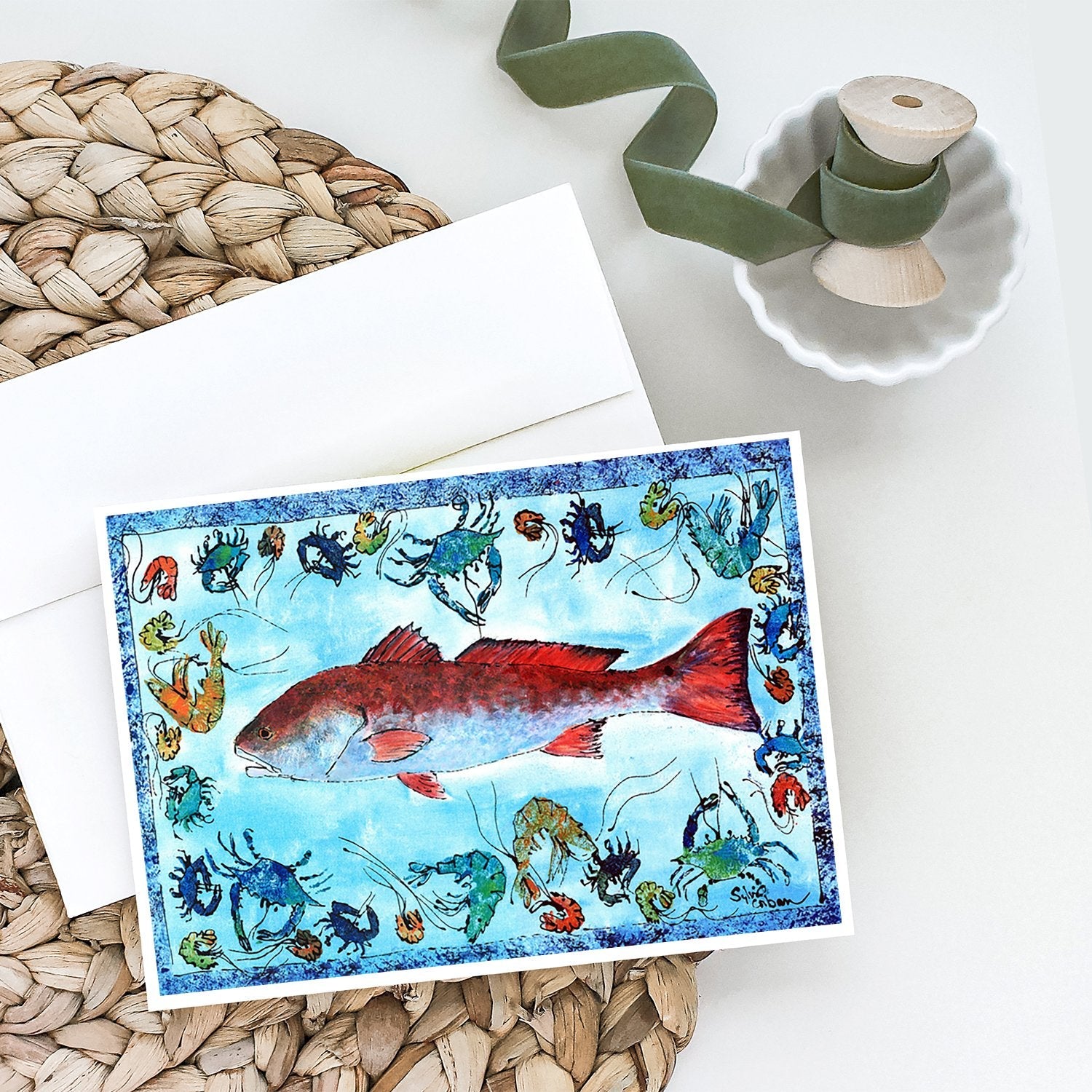Red Fish Greeting Cards Pack of 8 Blank Cards with Envelopes Whimsical A7 Size 5x7