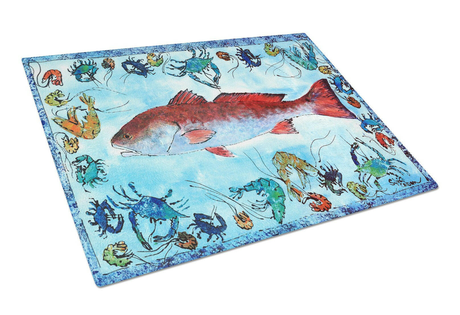 Red Fish Cutting Board Tempered Glass Kitchen Cutting Surface, Heat Resistant Chopping, Non-Slip Feet, Food Prep & Serving