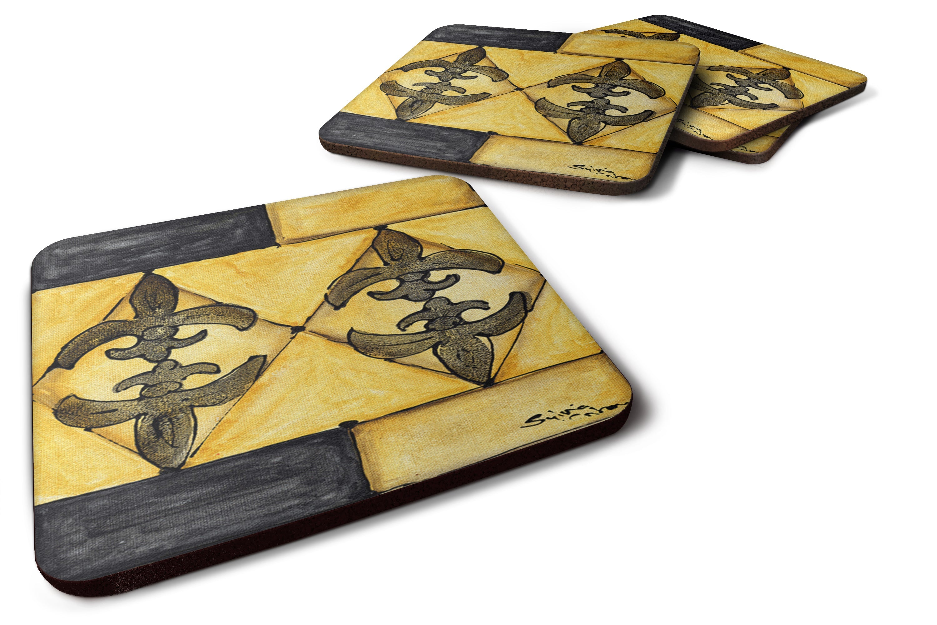 Black and Gold Fleur de Lis Foam Coasters Set of 4 Cup Coasters for Indoor Outdoor, Tabletop Protection, Anti Slip, Mouse pad Material