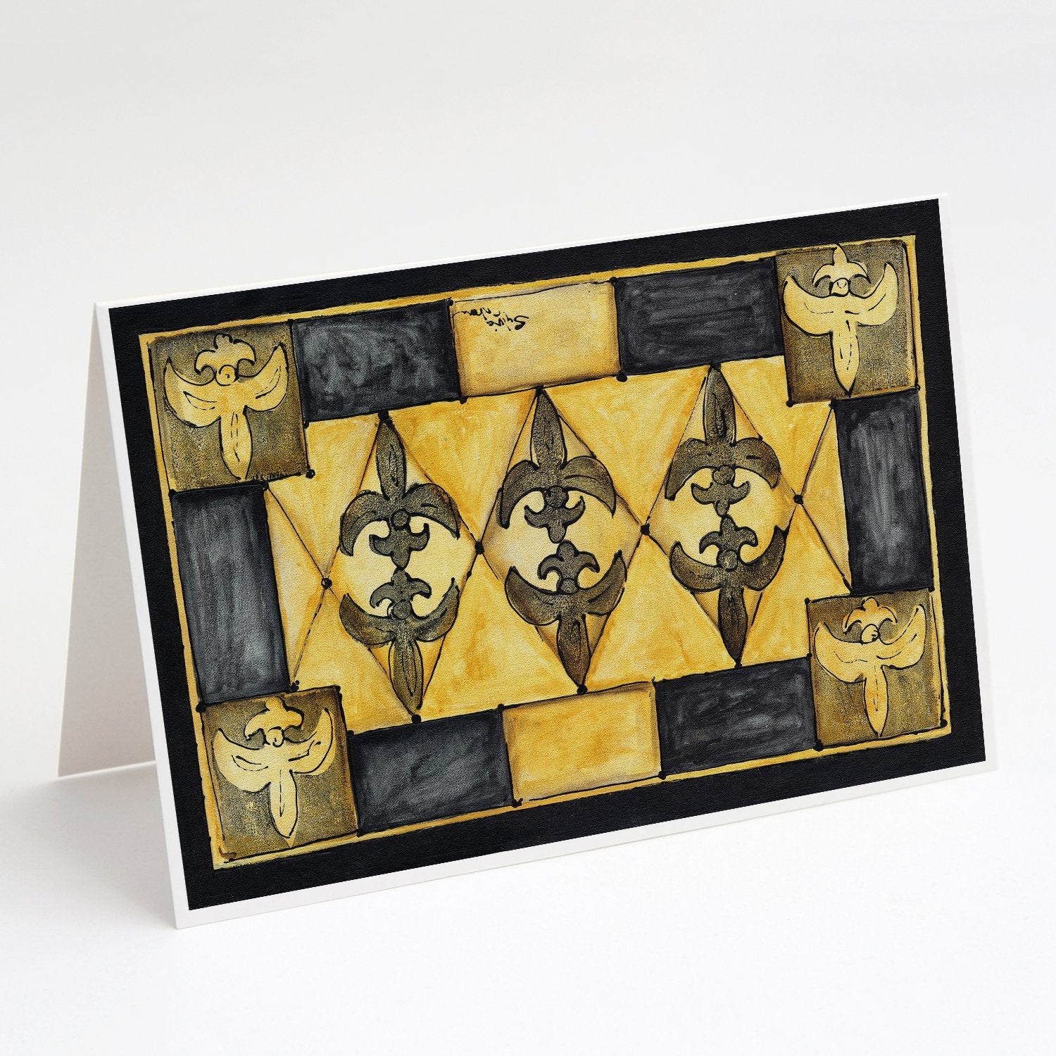 Black and Gold Fleur de Lis Greeting Cards Pack of 8 Blank Cards with Envelopes Whimsical A7 Size 5x7
