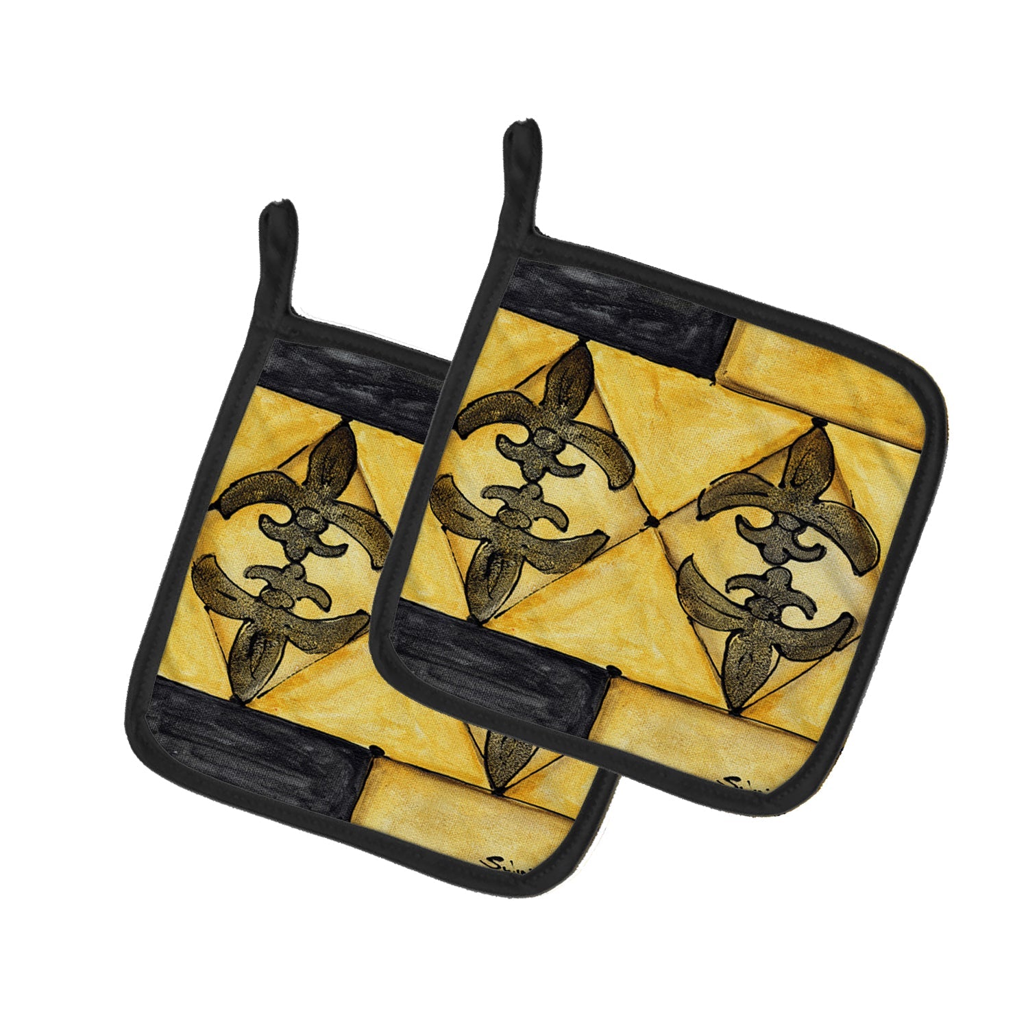 Black and Gold Fleur de Lis Pot Holder Set of 2 Heat Resistant Quilted Hot Pads 7.5 x 7.5 Inch, Insulated Kitchen Trivets for Cooking & Baking