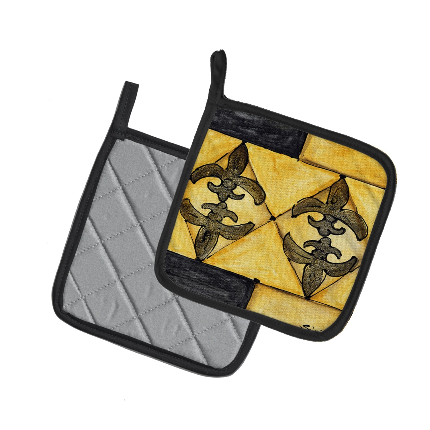 Black and Gold Fleur de Lis Pot Holder Set of 2 Heat Resistant Quilted Hot Pads 7.5 x 7.5 Inch, Insulated Kitchen Trivets for Cooking & Baking