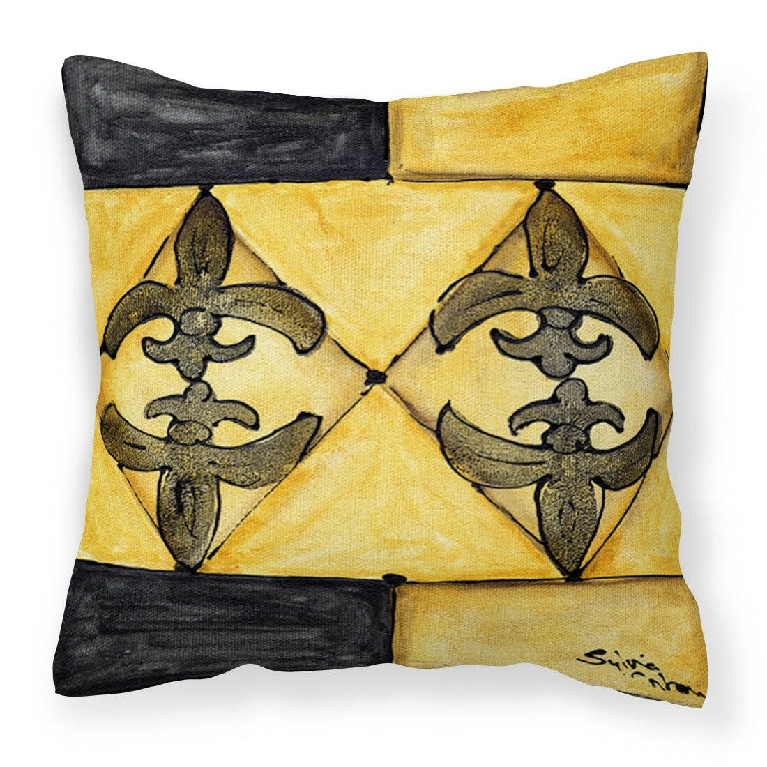 Black and Gold Fleur de Lis Decorative Throw Pillow 14x14 Indoor Outdoor Accent Cushion, Fabric Cover with Insert for Sofa, Bed, Porch & Living Room