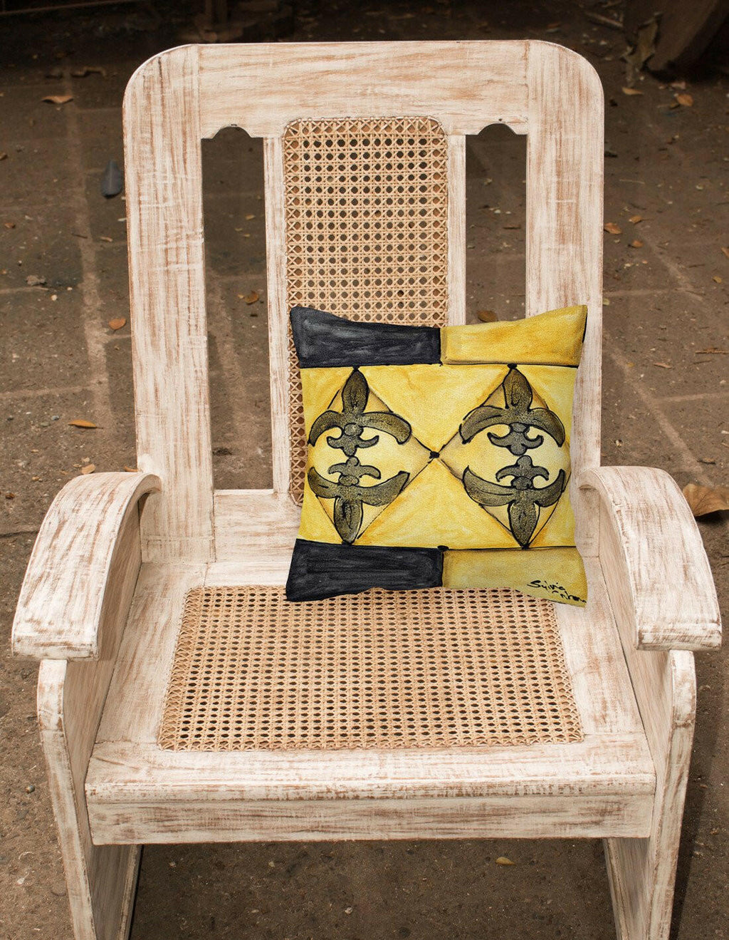 Black and Gold Fleur de Lis Decorative Throw Pillow 14x14 Indoor Outdoor Accent Cushion, Fabric Cover with Insert for Sofa, Bed, Porch & Living Room