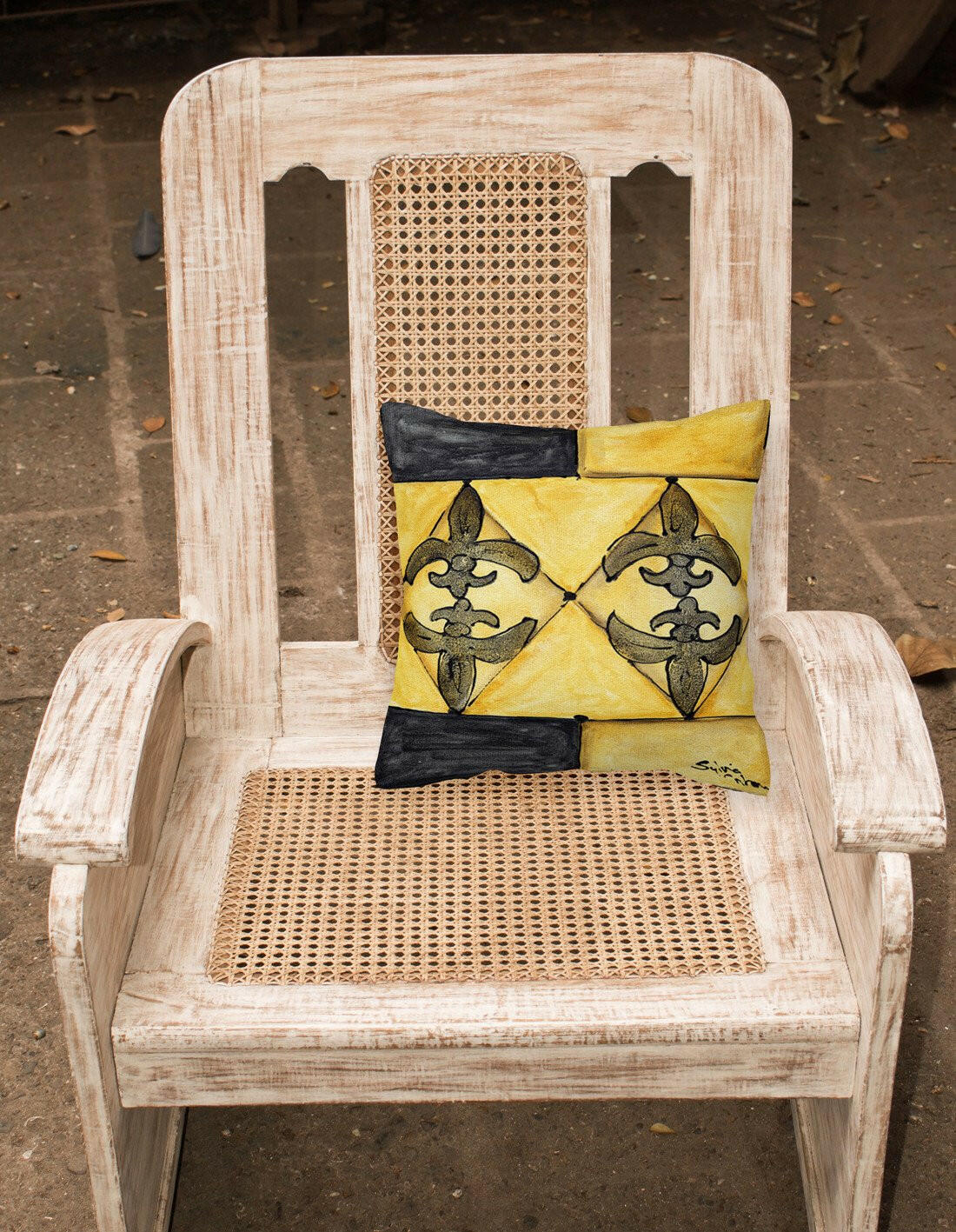 Black and Gold Fleur de Lis Decorative Throw Pillow 14x14 Indoor Outdoor Accent Cushion, Fabric Cover with Insert for Sofa, Bed, Porch & Living Room