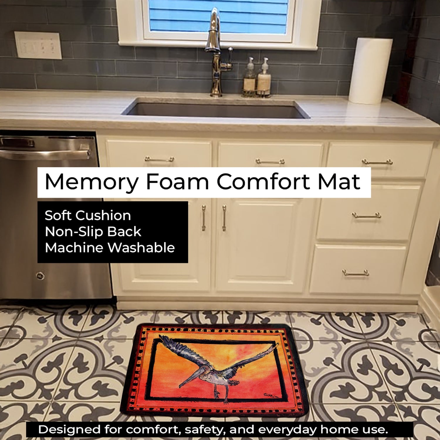 Bird - Pelican Memory Foam Kitchen Mat Machine Washable Anti-Fatigue Cushion Comfort Bath or Kitchen Rug