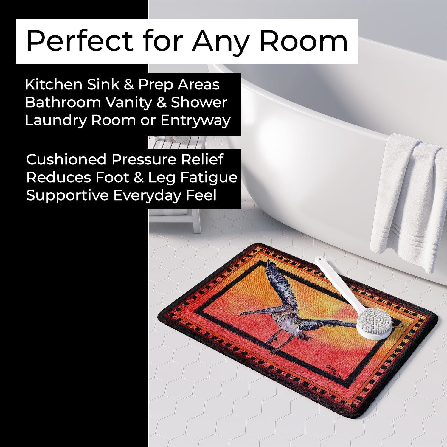 Bird - Pelican Memory Foam Kitchen Mat Machine Washable Anti-Fatigue Cushion Comfort Bath or Kitchen Rug
