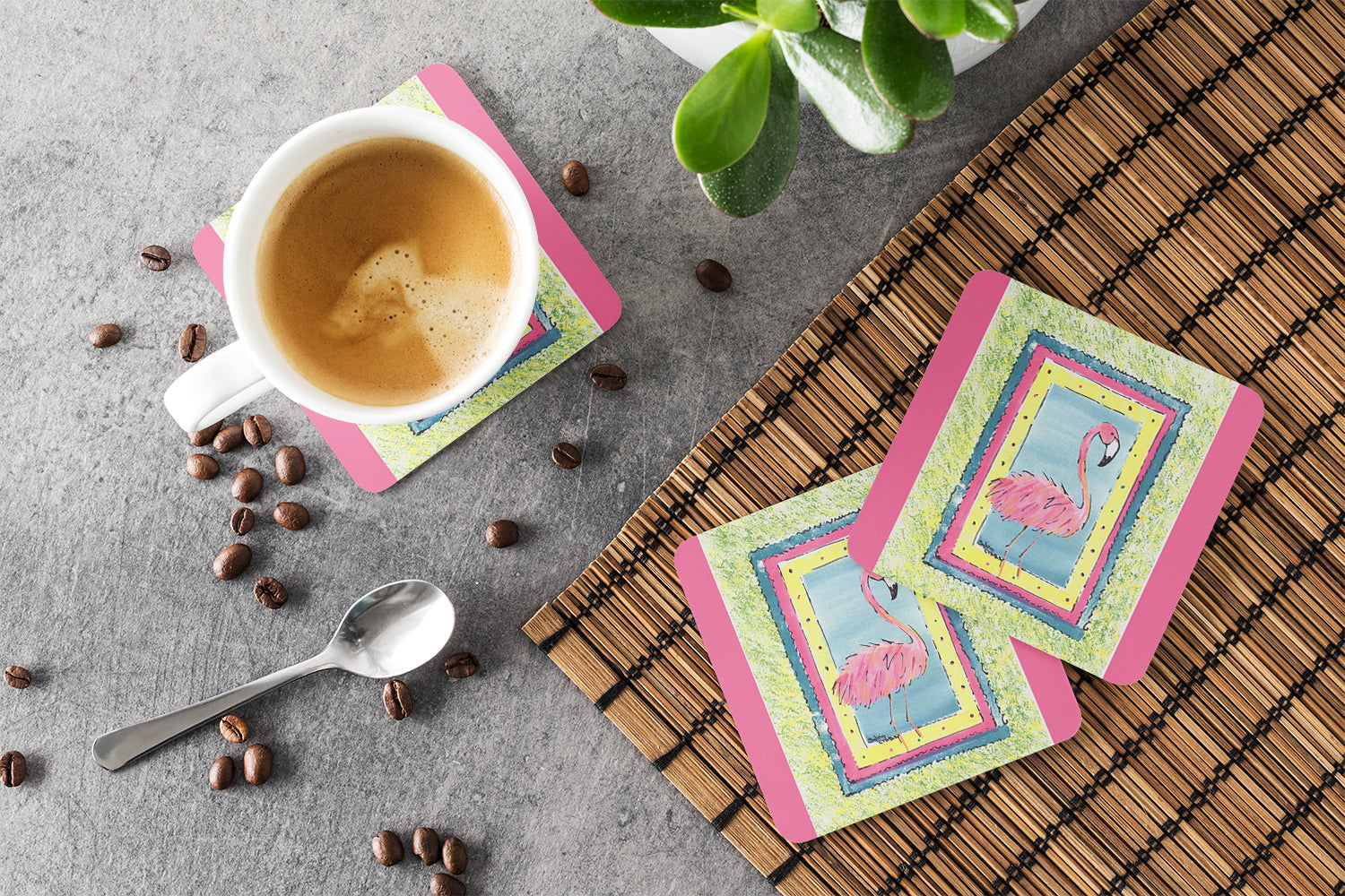 Bird - Flamingo Foam Coasters Set of 4 Cup Coasters for Indoor Outdoor, Tabletop Protection, Anti Slip, Mouse pad Material