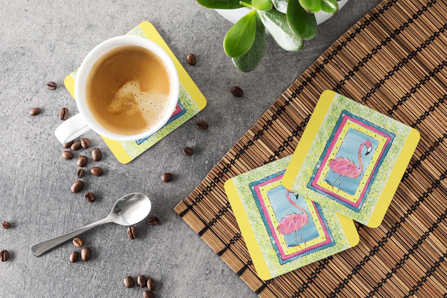Bird - Flamingo Foam Coasters Set of 4 Cup Coasters for Indoor Outdoor, Tabletop Protection, Anti Slip, Mouse pad Material