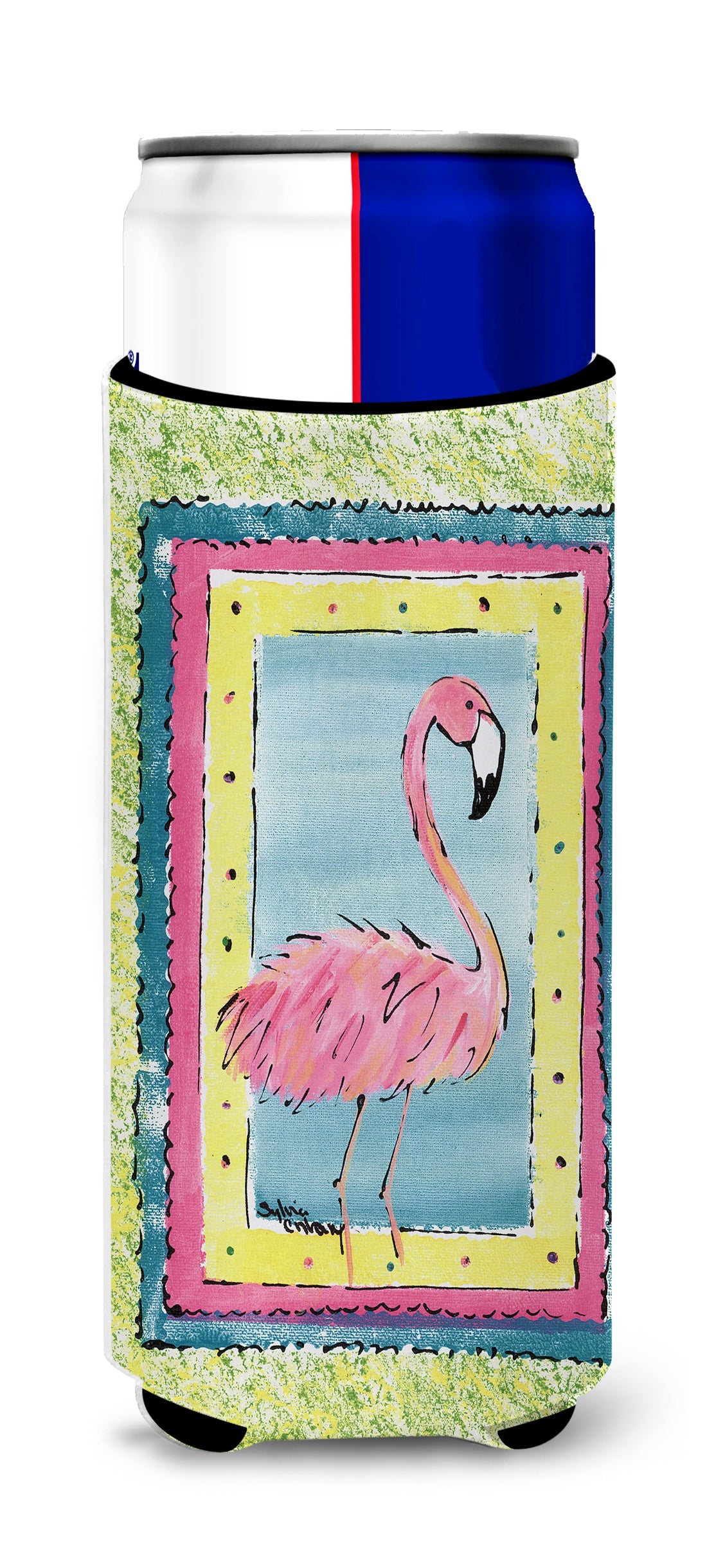 Flamingo Slim Can Hugger , Insulated Foam Hugger for 12 oz Slim Cans, Beer Bottles & Water Bottles, Printed in USA
