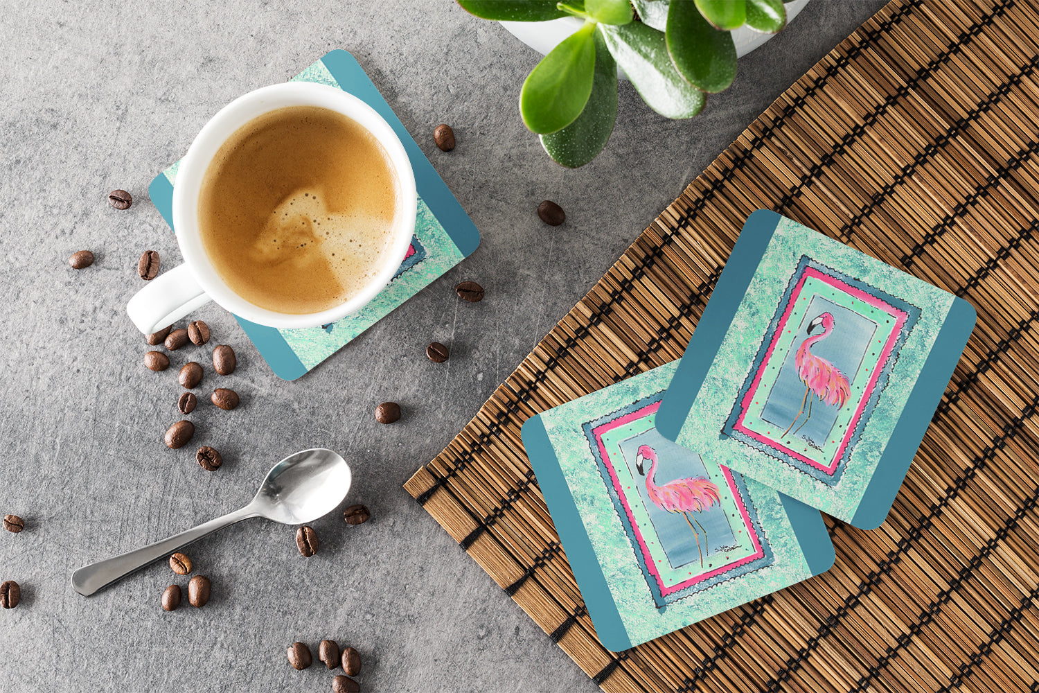Bird - Flamingo Foam Coasters Set of 4 Cup Coasters for Indoor Outdoor, Tabletop Protection, Anti Slip, Mouse pad Material