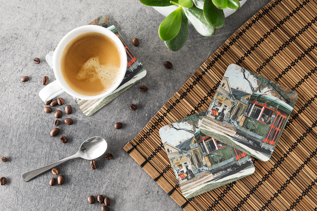 New Orleans Street Car Foam Coasters Set of 4 Cup Coasters for Indoor Outdoor, Tabletop Protection, Anti Slip, Mouse pad Material