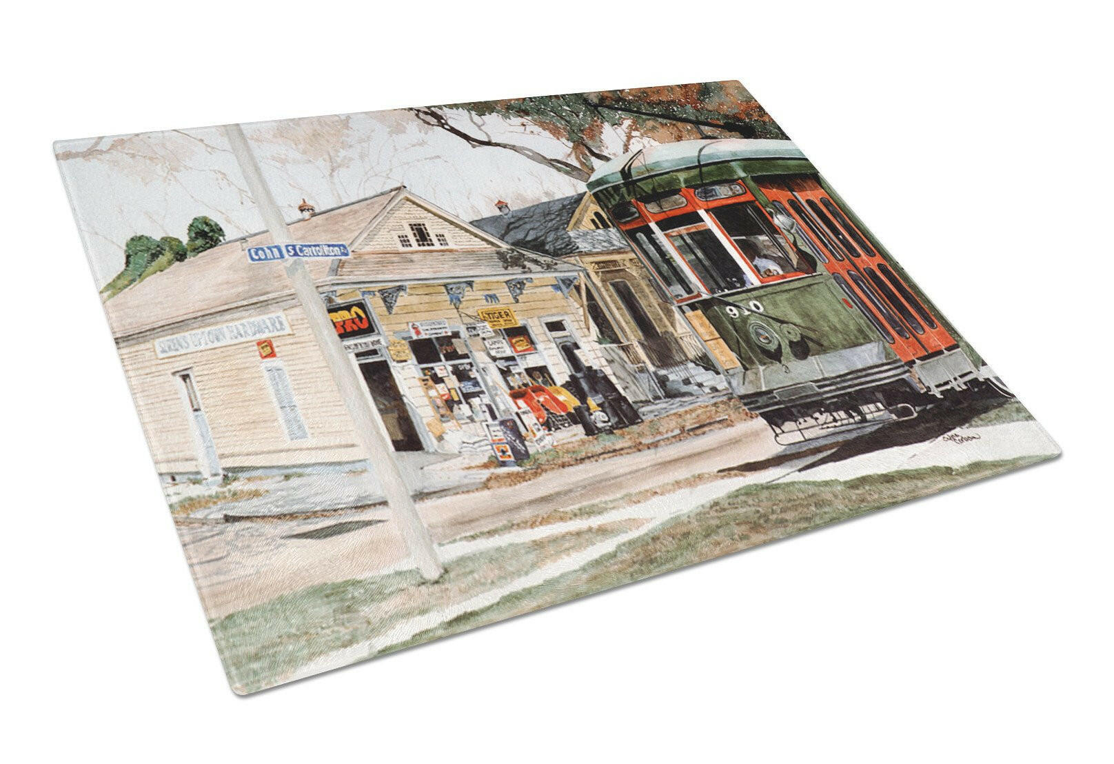 New Orleans Street Car Cutting Board Tempered Glass Kitchen Cutting Surface, Heat Resistant Chopping, Non-Slip Feet, Food Prep & Serving