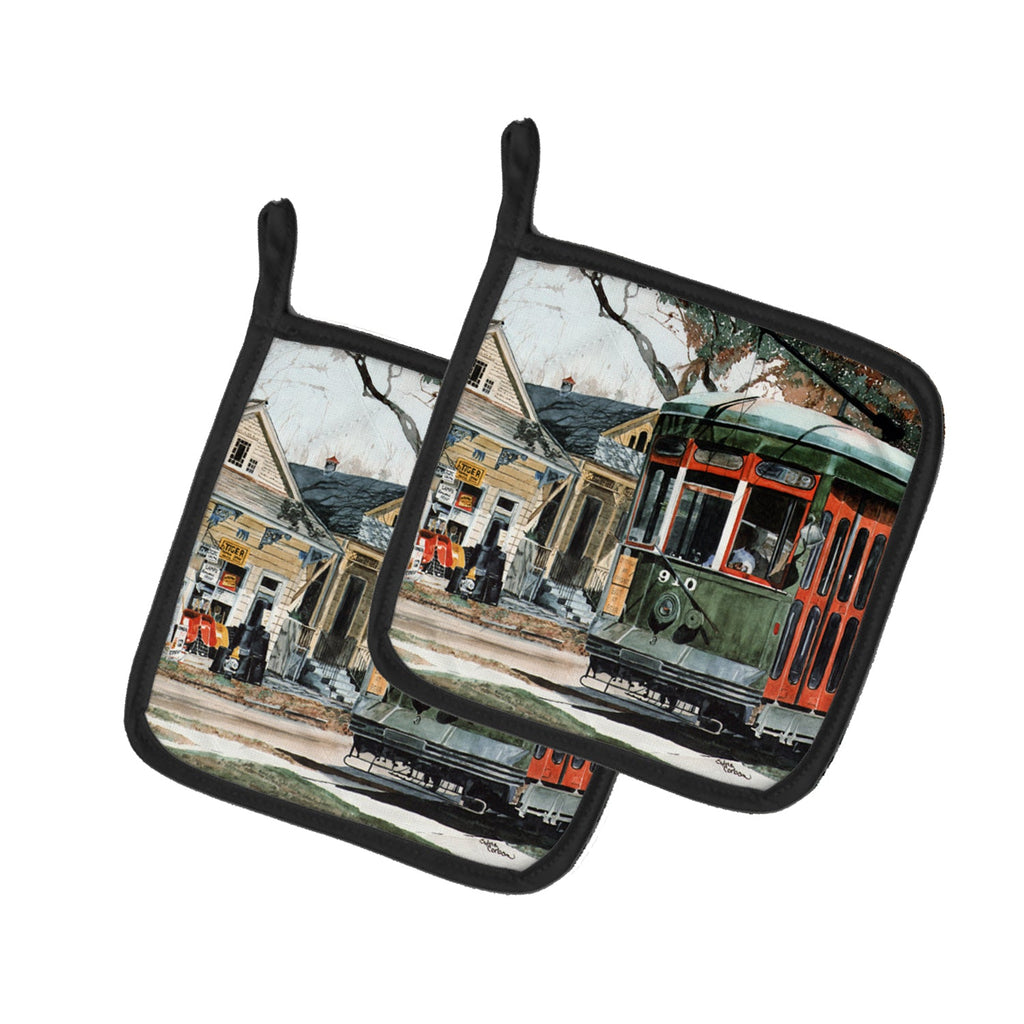 New Orleans Street Car Pot Holder Set of 2 Heat Resistant Quilted Hot Pads 7.5 x 7.5 Inch, Insulated Kitchen Trivets for Cooking & Baking