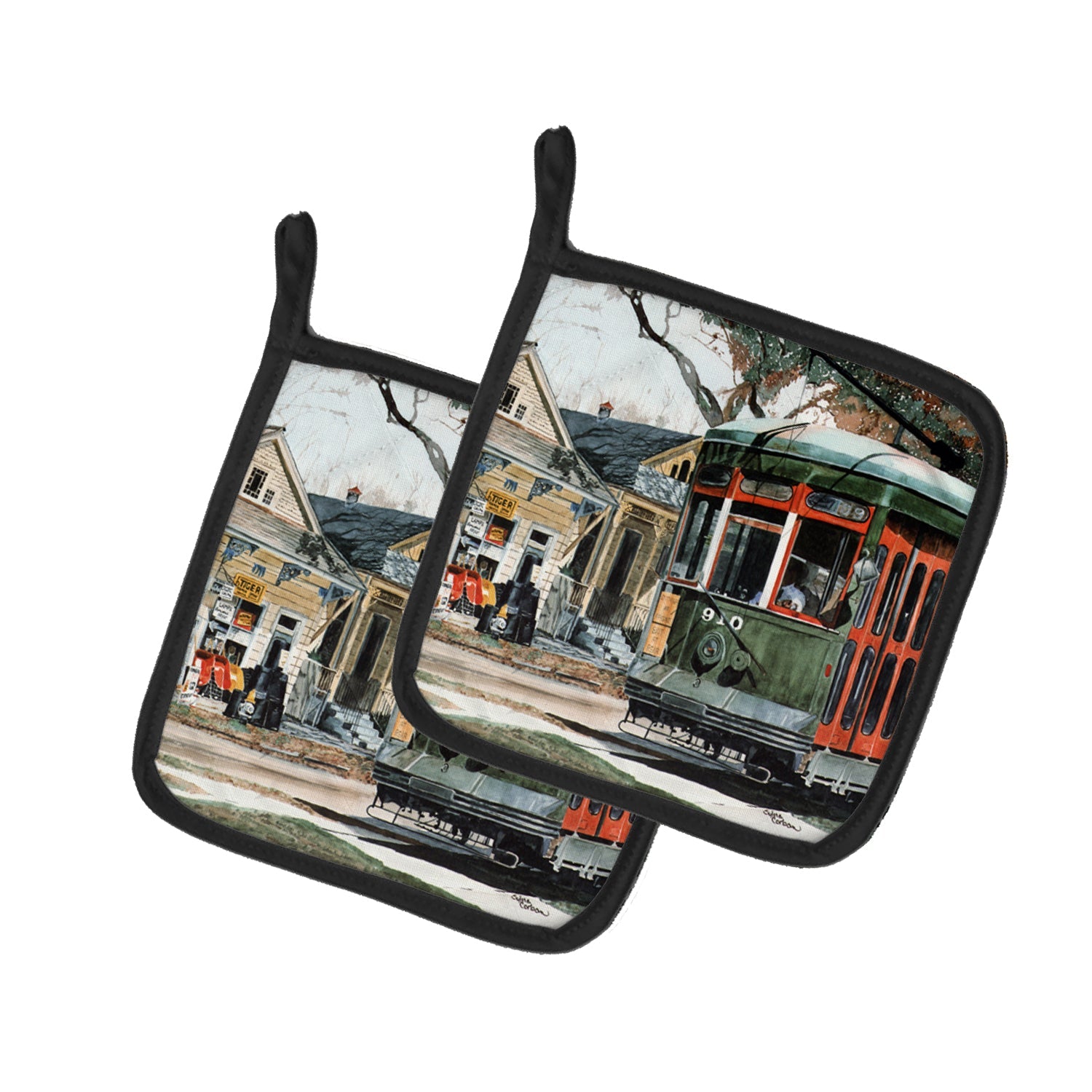 New Orleans Street Car Pot Holder Set of 2 Heat Resistant Quilted Hot Pads 7.5 x 7.5 Inch, Insulated Kitchen Trivets for Cooking & Baking
