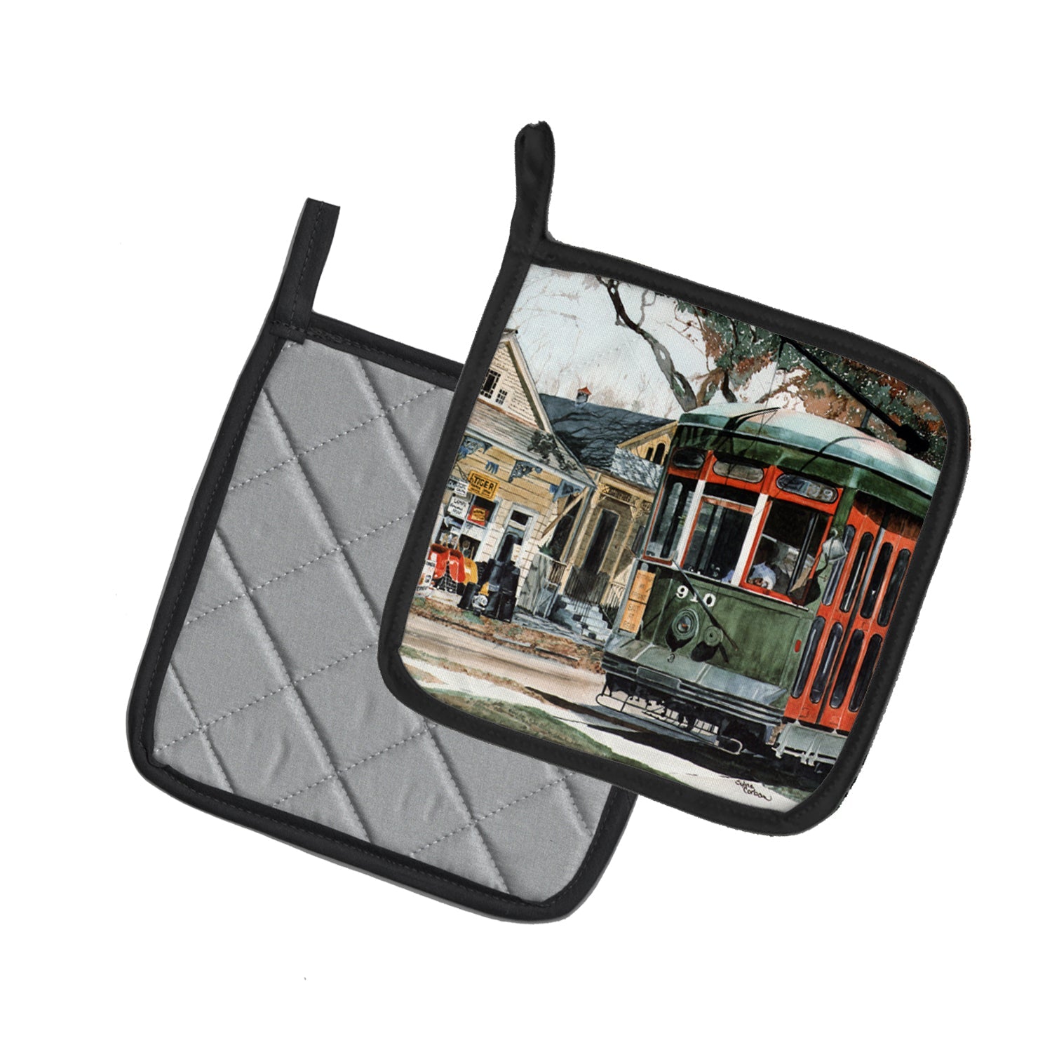 New Orleans Street Car Pot Holder Set of 2 Heat Resistant Quilted Hot Pads 7.5 x 7.5 Inch, Insulated Kitchen Trivets for Cooking & Baking