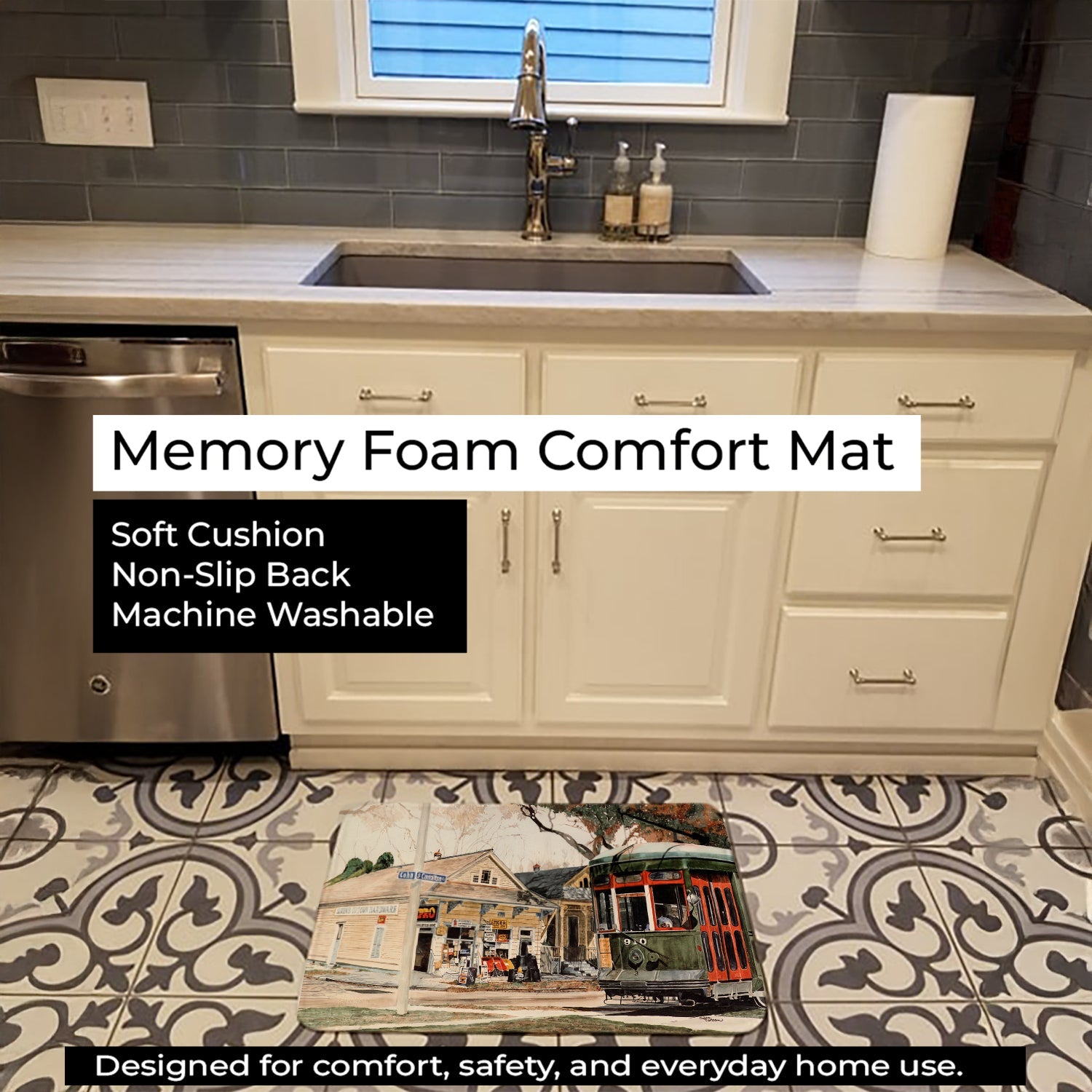 New Orleans Street Car Memory Foam Kitchen Mat Machine Washable Anti-Fatigue Cushion Comfort Bath or Kitchen Rug