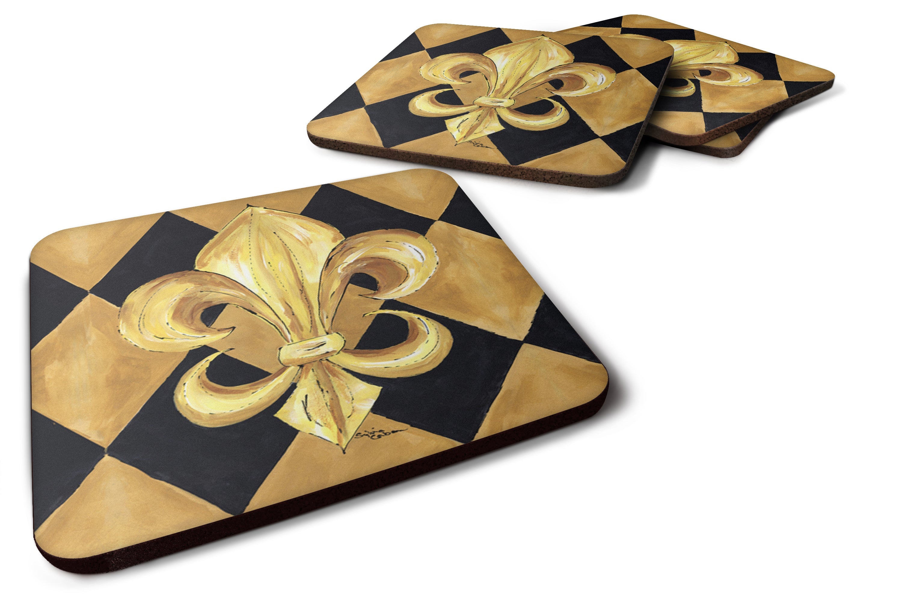 Black and Gold Fleur de lis New Orleans Foam Coasters Set of 4 Cup Coasters for Indoor Outdoor, Tabletop Protection, Anti Slip, Mouse pad Material