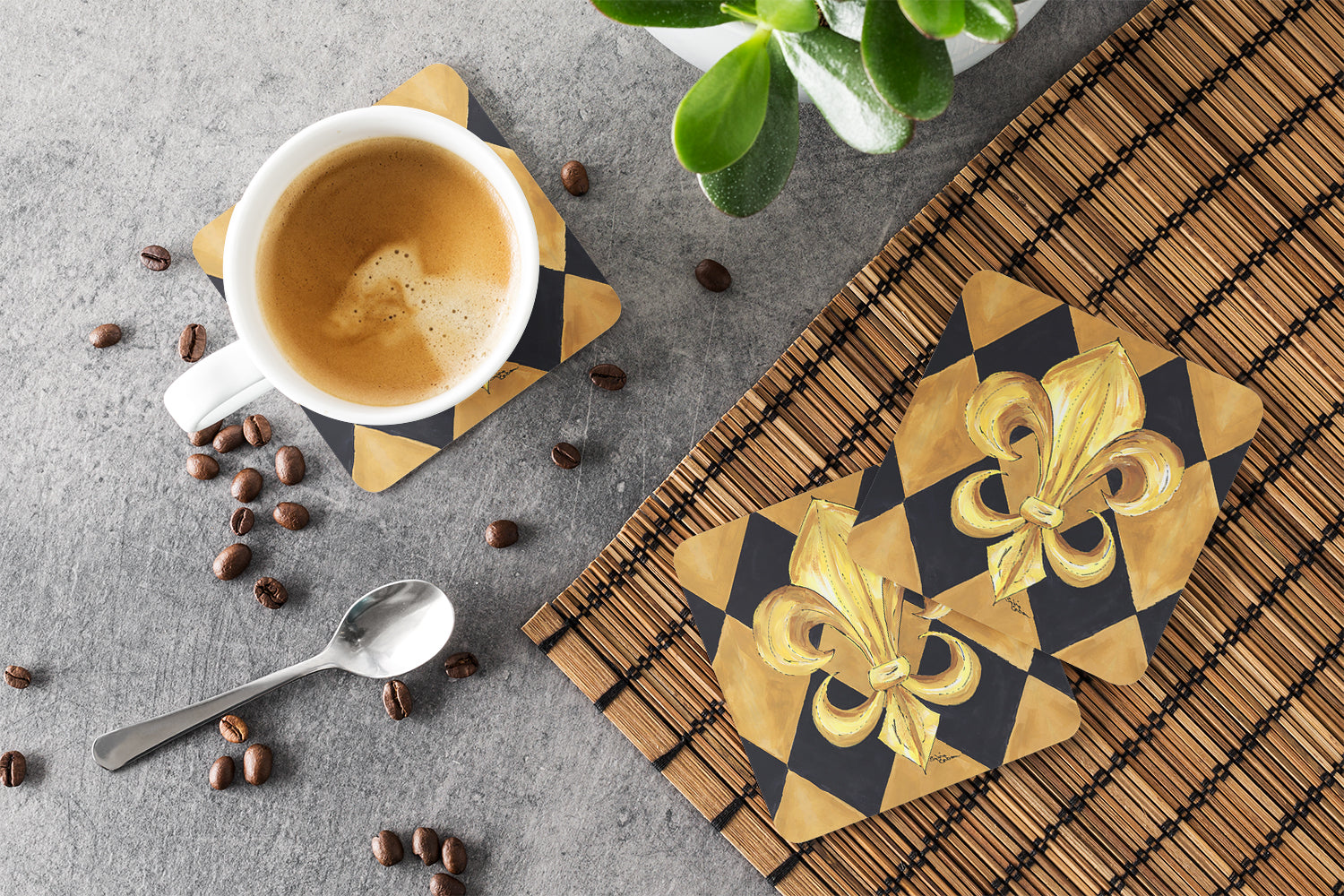 Black and Gold Fleur de lis New Orleans Foam Coasters Set of 4 Cup Coasters for Indoor Outdoor, Tabletop Protection, Anti Slip, Mouse pad Material