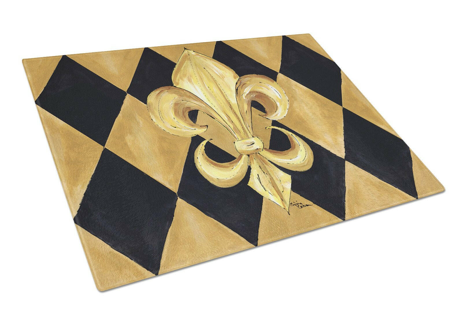 Black and Gold Fleur de lis New Orleans Cutting Board Tempered Glass Kitchen Cutting Surface, Heat Resistant Chopping, Non-Slip Feet, Food Prep & Serving
