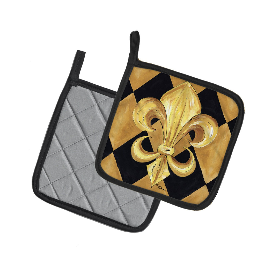 Black and Gold Fleur de lis New Orleans Pot Holder Set of 2 Heat Resistant Quilted Hot Pads 7.5 x 7.5 Inch, Insulated Kitchen Trivets for Cooking & Baking