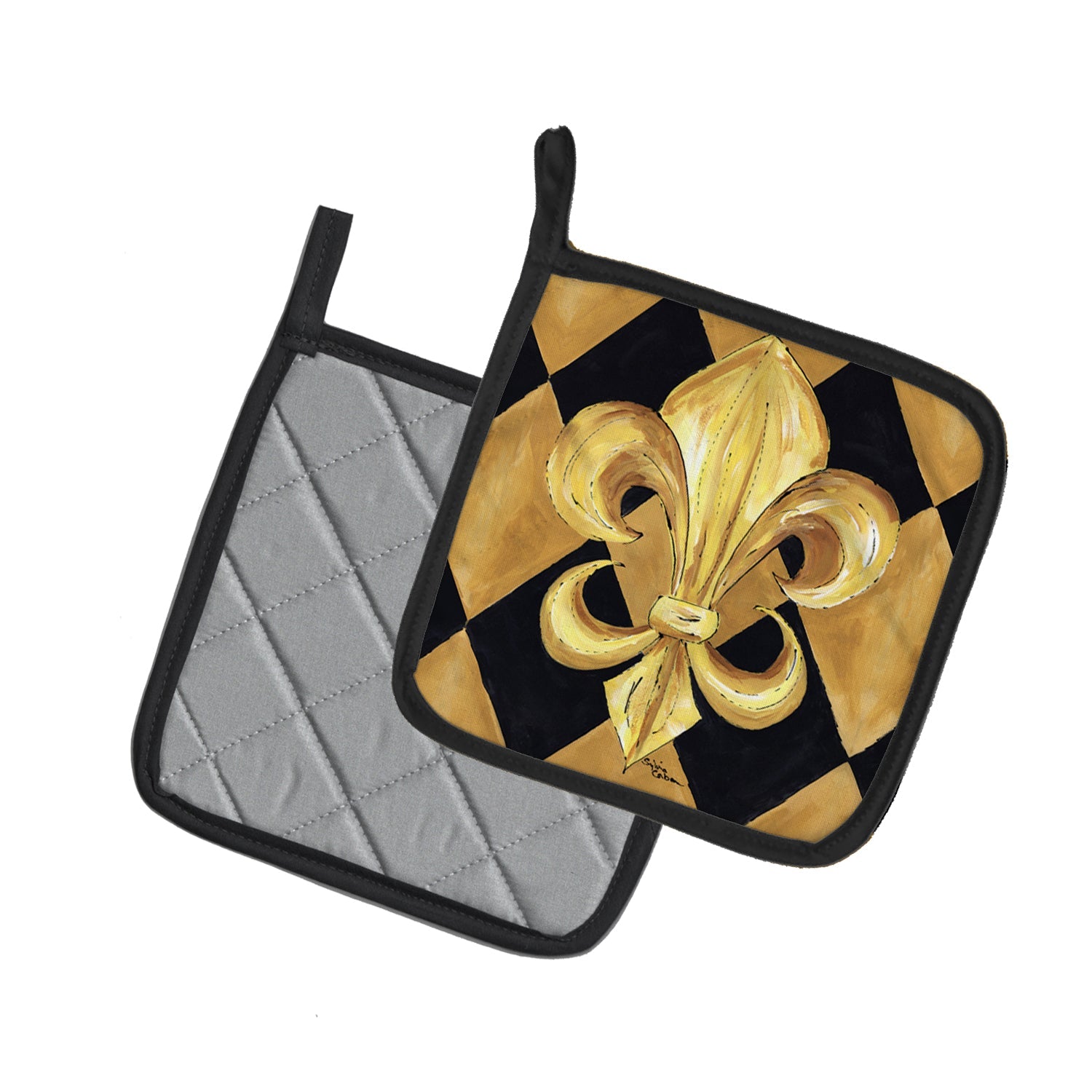 Black and Gold Fleur de lis New Orleans Pot Holder Set of 2 Heat Resistant Quilted Hot Pads 7.5 x 7.5 Inch, Insulated Kitchen Trivets for Cooking & Baking