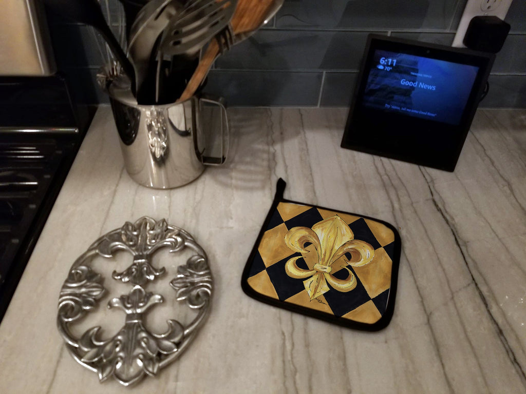 Black and Gold Fleur de lis New Orleans Pot Holder Set of 2 Heat Resistant Quilted Hot Pads 7.5 x 7.5 Inch, Insulated Kitchen Trivets for Cooking & Baking