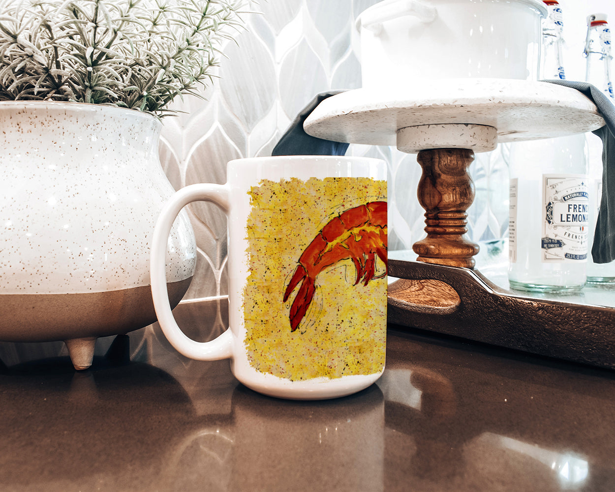 Shrimp Ceramic Coffee Mug 15 oz Decorative Large C Handle Mug Cup for Tea, Cocoa Hot Chocolate