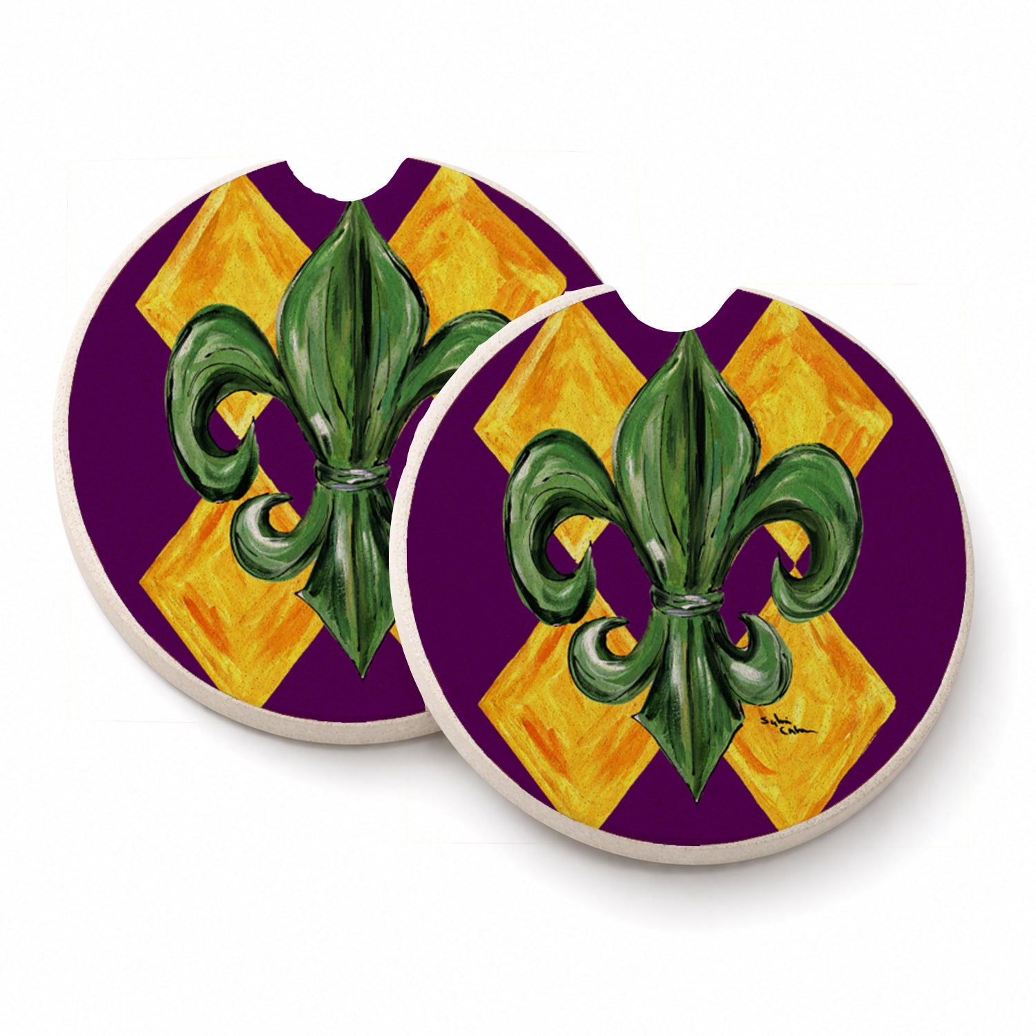 Mardi Gras Fleur de lis Purple Green and Gold Set of 2 Cup Holder Car Coasters Absorbent Round Sandstone Coasters Gifts for Men or Women, 2.5, Multicolor