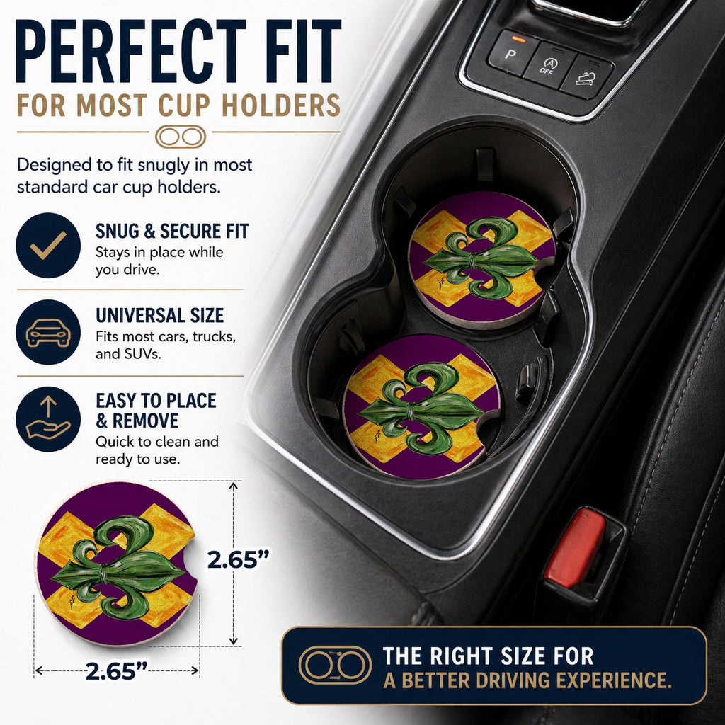Mardi Gras Fleur de lis Purple Green and Gold Set of 2 Cup Holder Car Coasters Absorbent Round Sandstone Coasters Gifts for Men or Women, 2.5, Multicolor
