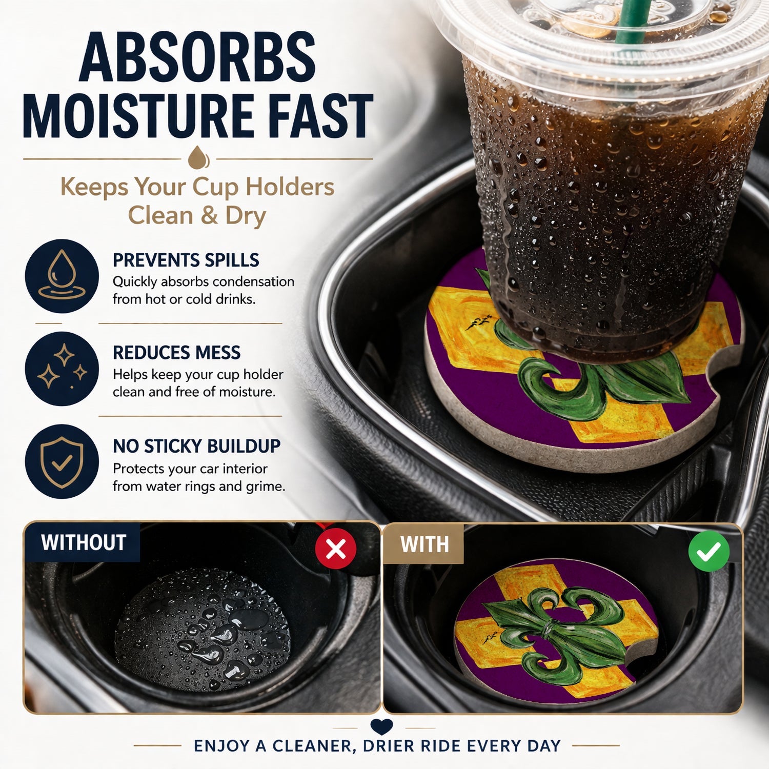 Mardi Gras Fleur de lis Purple Green and Gold Set of 2 Cup Holder Car Coasters Absorbent Round Sandstone Coasters Gifts for Men or Women, 2.5, Multicolor